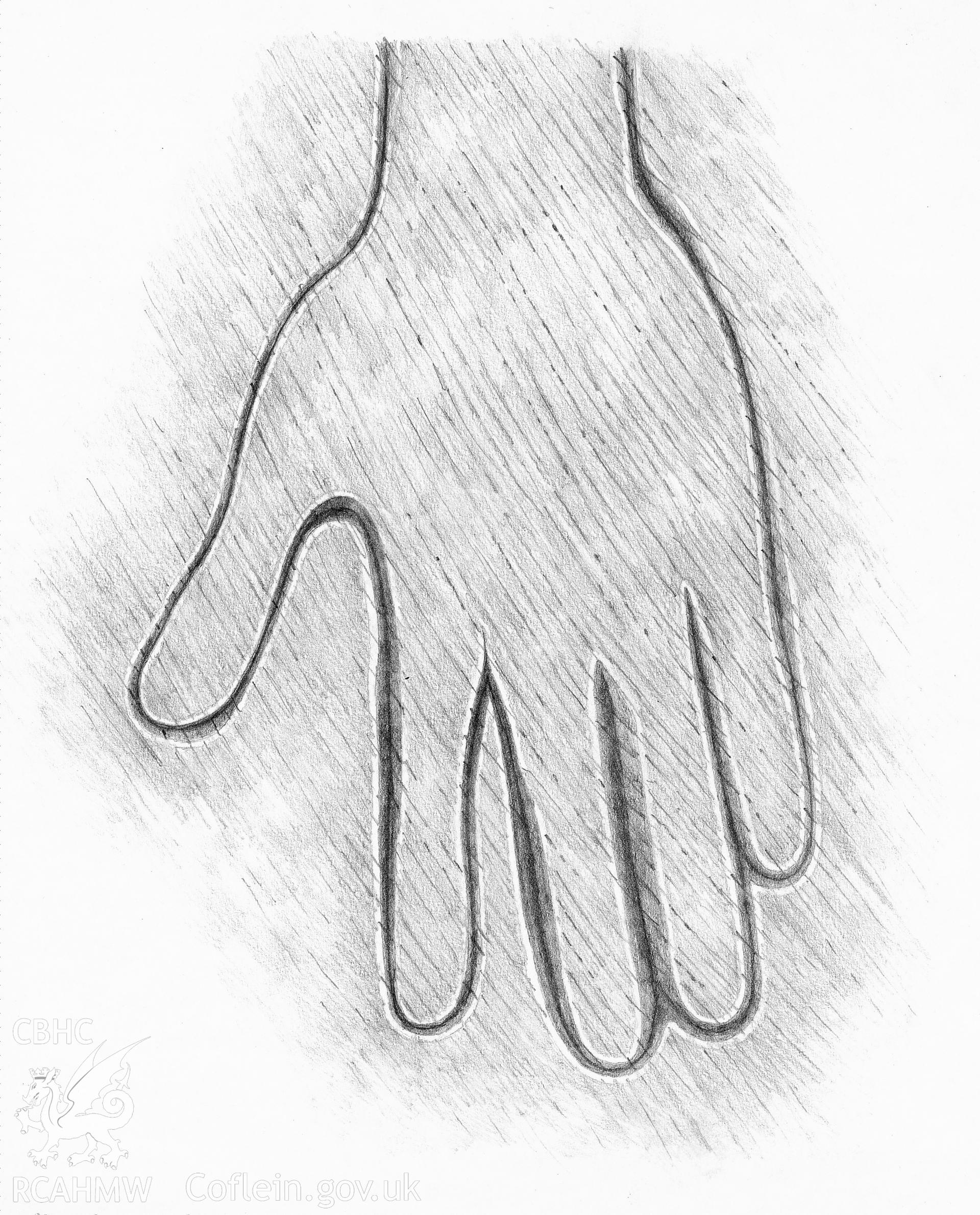 Pencil drawing of a carpenter's hand symbol at Upper Dolau, Presteigne, Radnor, as published in the RCAHMW volume, Houses and History in the Marches of Wales. Radnorshire 1400-1800,  page 16, figure 13.