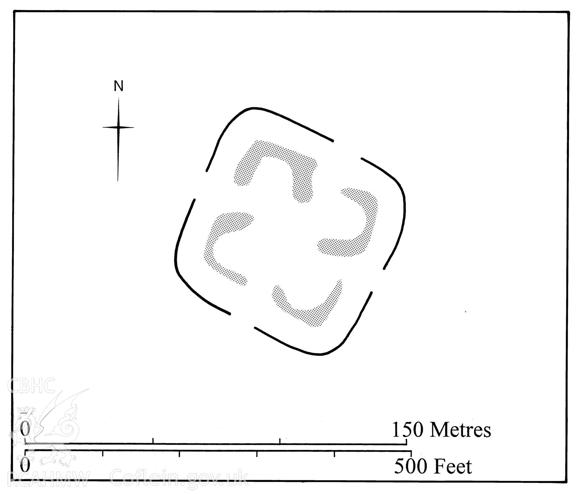 Figure 42: Paper and digitised copy of drawing of Mynydd Carn-goch practice camp I, produced for University of Wales Press publication "Roman Camps in Wales and the Marches", by J.L. Davies and R.H. Jones, Board of Celtic Studies, University of Wales.