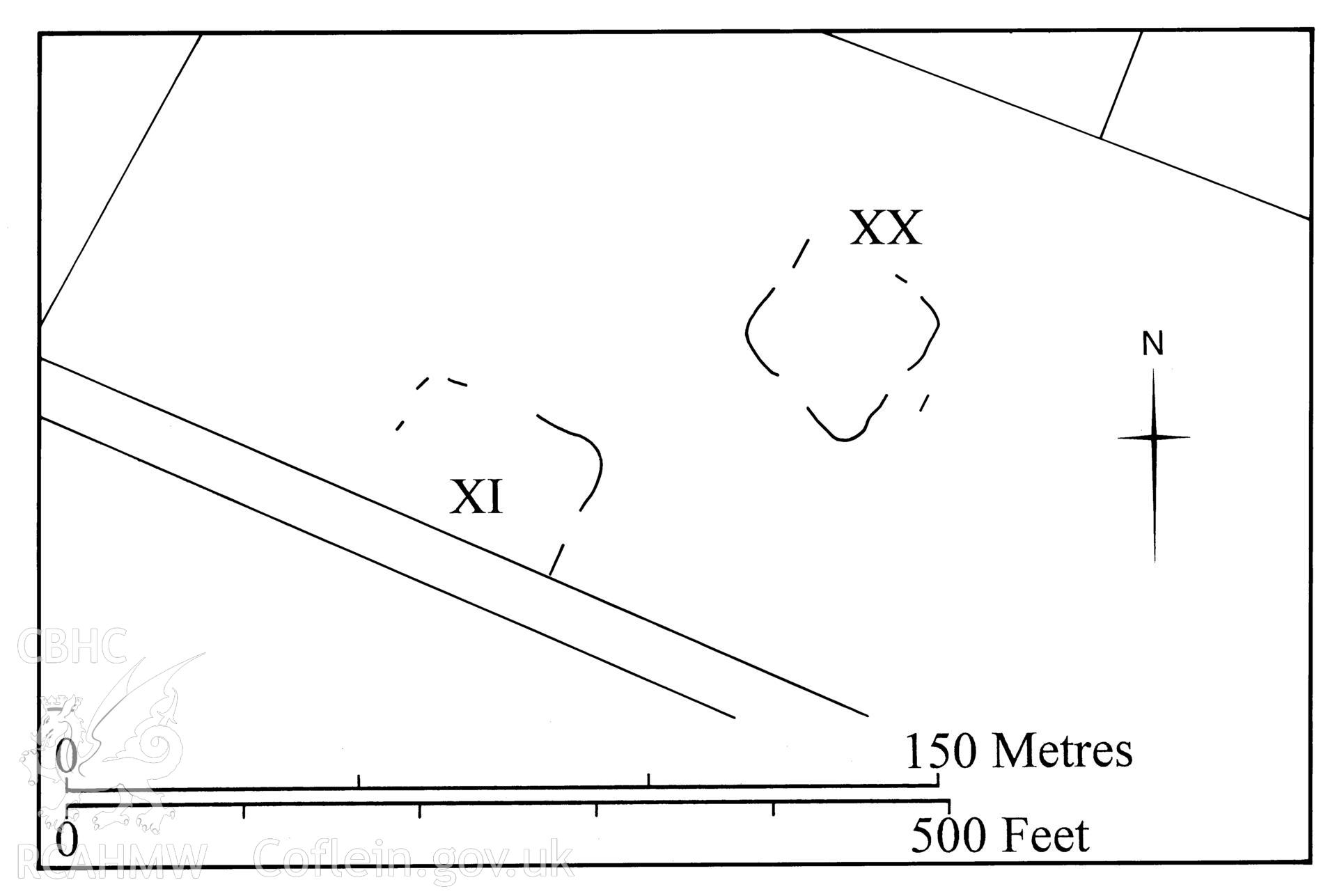 Figure 125: Paper and digitised copy of drawing of the Llandrindod Common practice camps XI and XX, produced for University of Wales Press publication "Roman Camps in Wales and the Marches", by J.L. Davies and R.H. Jones, Board of Celtic Studies, University of Wales.