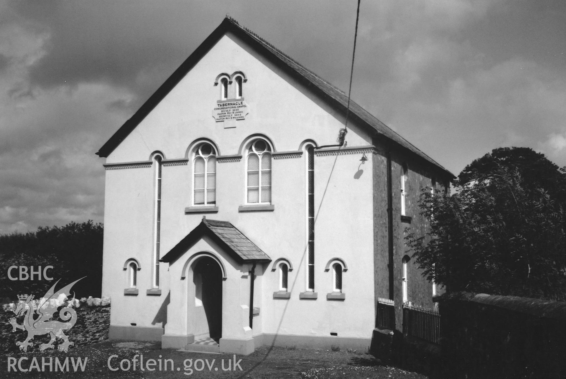 Digital copy of a black and white photograph showing a general view of Tabernacle Independent Chapel, Maenclochog, taken by Robert Scourfield, 1996.