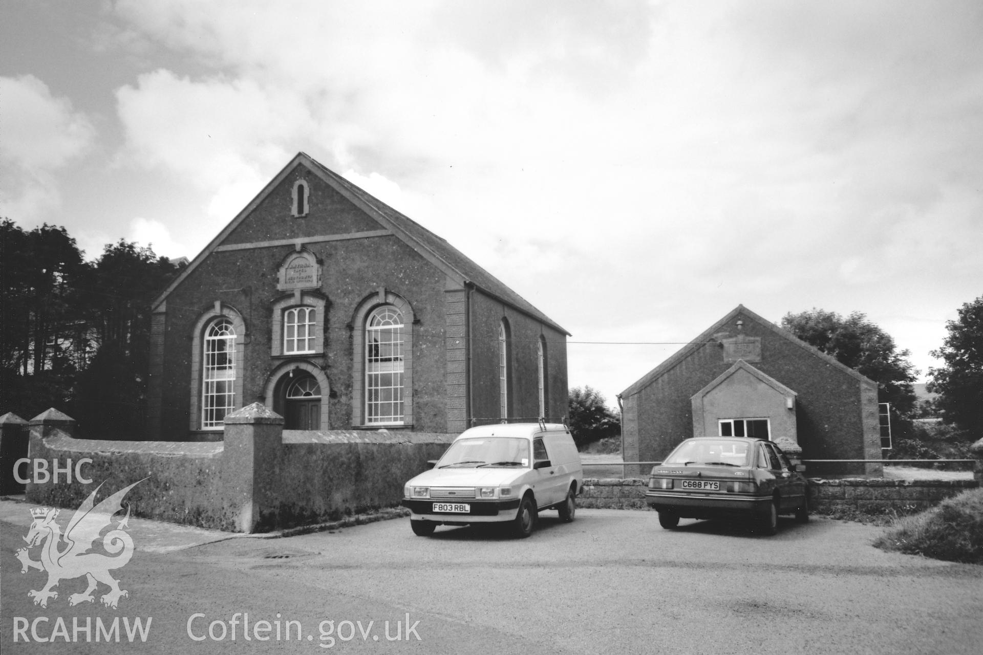 Digital copy of a black and white photograph showing a view of Smyrna Baptist Chapel, Puncheston, taken by Robert Scourfield, 1996.