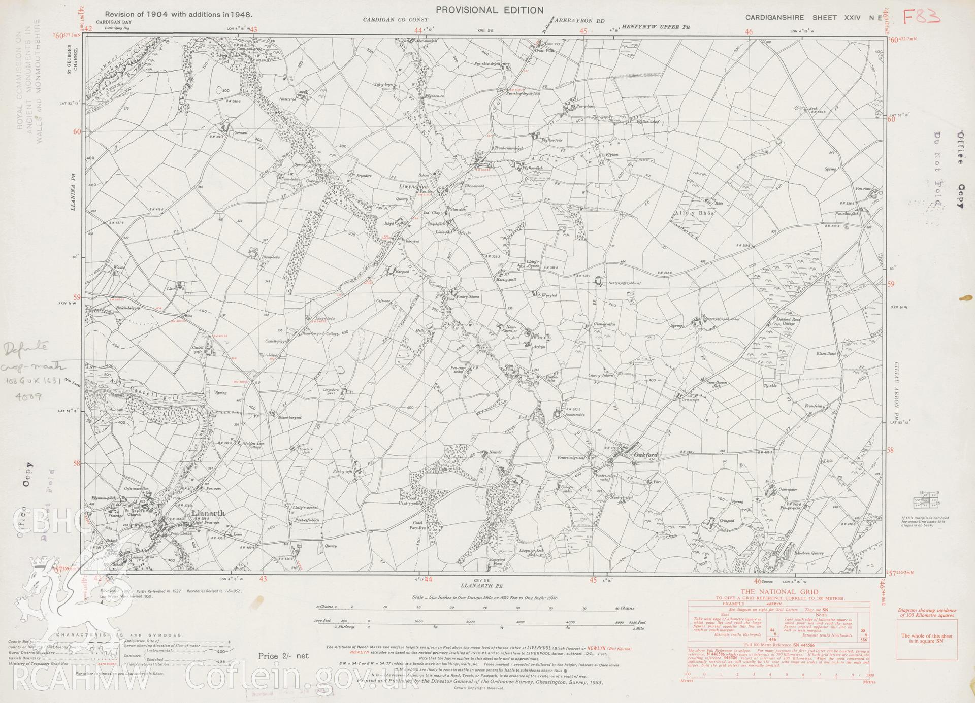 Digital copy of an Ordnance Survey Provisional Edition. Revision of 1904 with additions in 1948. Llanarth area.