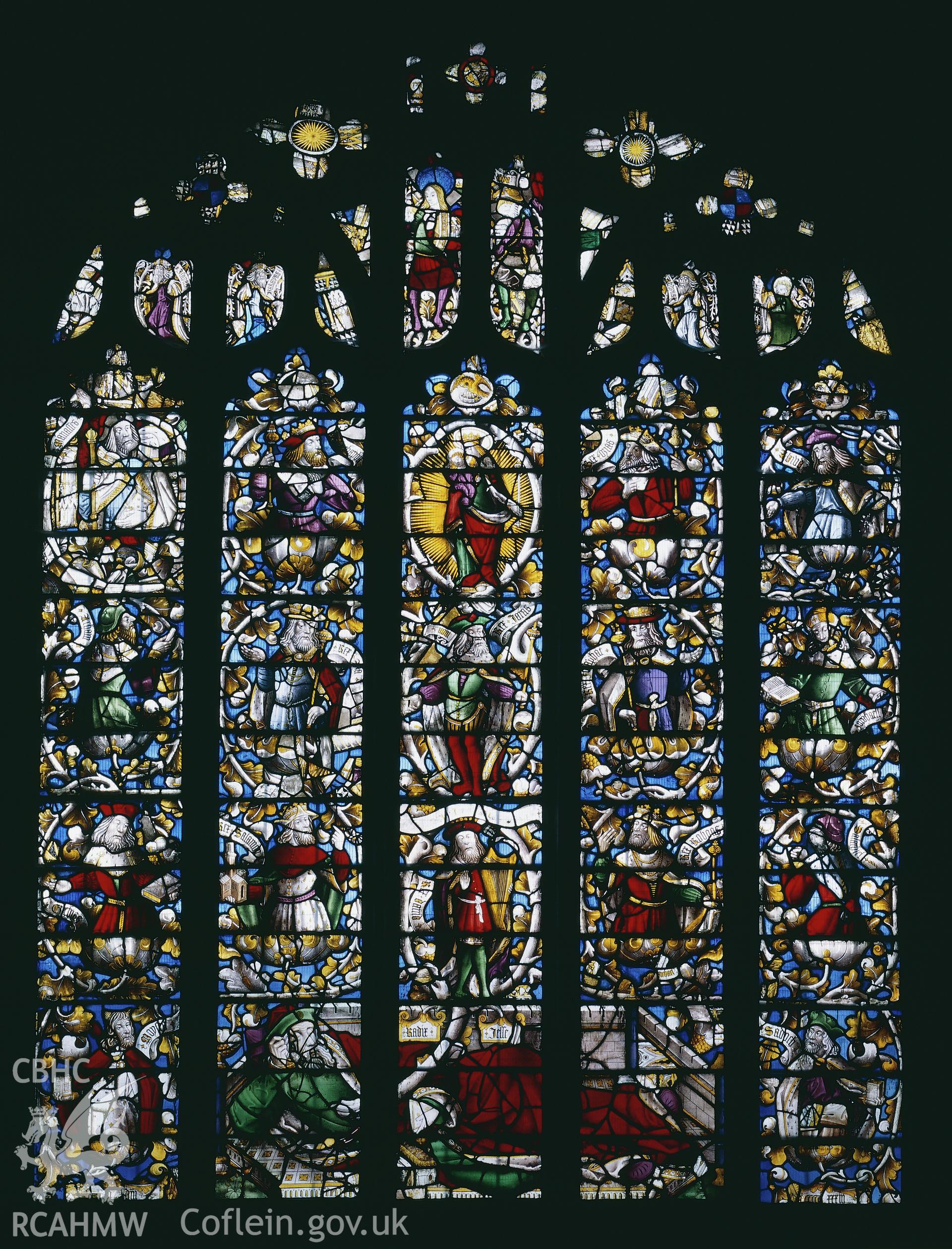 RCAHMW colour transparency of a stained glass window depicting the Jesse Tree in St. Dyfnog's Church, Llanrhaeadr-yng-Nghinmeirch, by Fleur James, 1986.