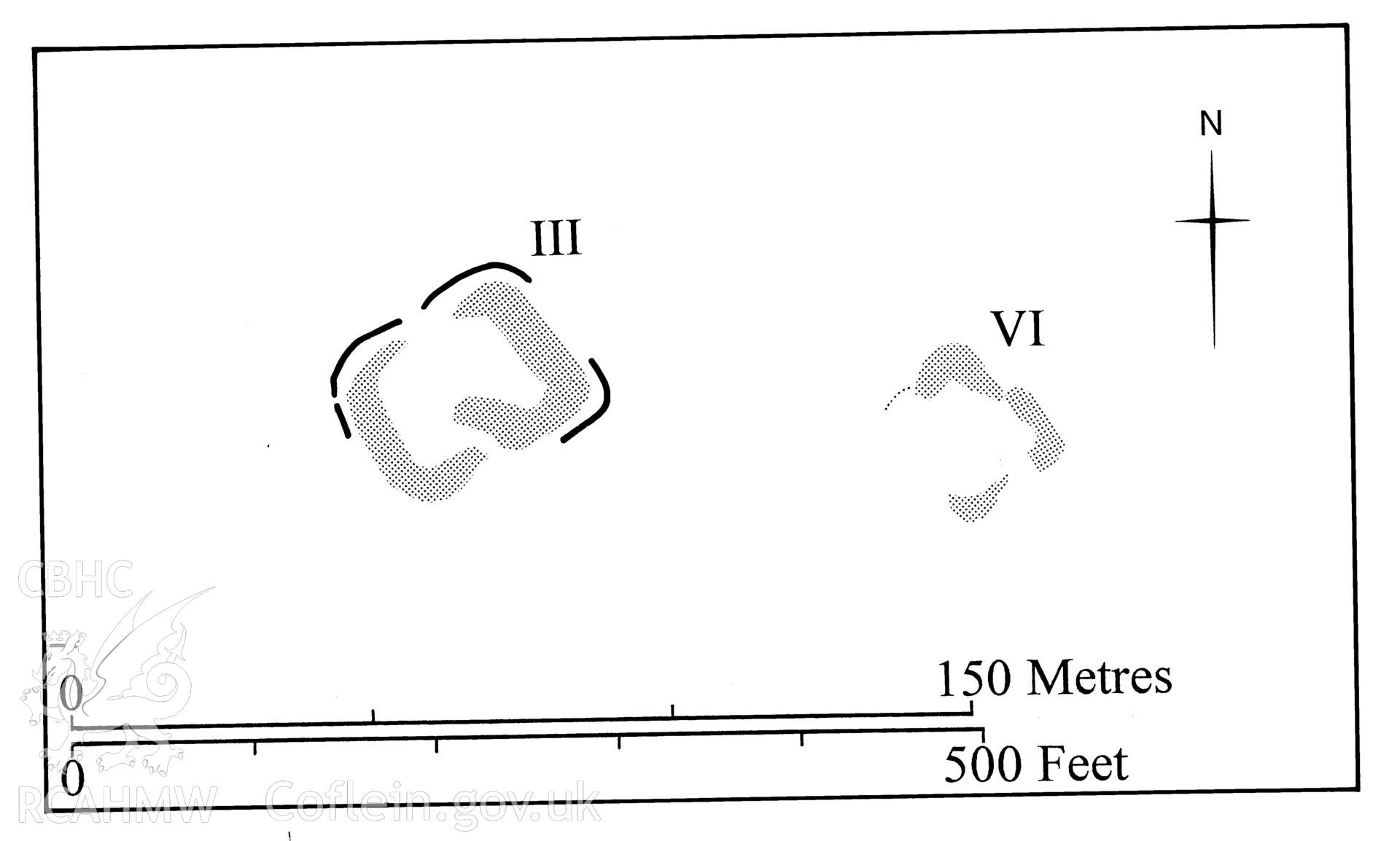 Figure 103: Paper and digitised copy of drawing of Gelligaer Common practice camps III and VI, produced for University of Wales Press publication "Roman Camps in Wales and the Marches", by J.L. Davies and R.H. Jones, Board of Celtic Studies, University of Wales.