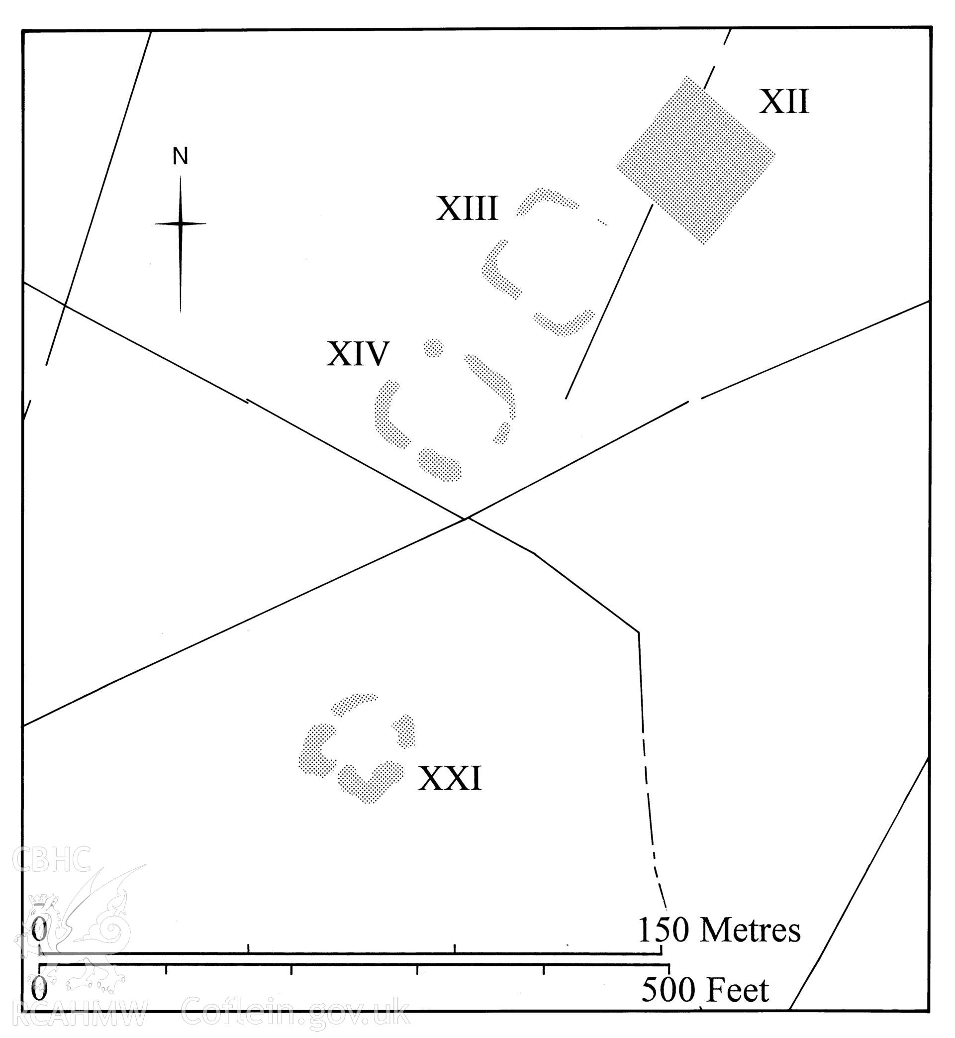 Figure 126: Paper and digitised copy of drawing of the Llandrindod Common practice camps XII, XIII, XIV and XXI, produced for University of Wales Press publication "Roman Camps in Wales and the Marches", by J.L. Davies and R.H. Jones, Board of Celtic Studies, University of Wales.