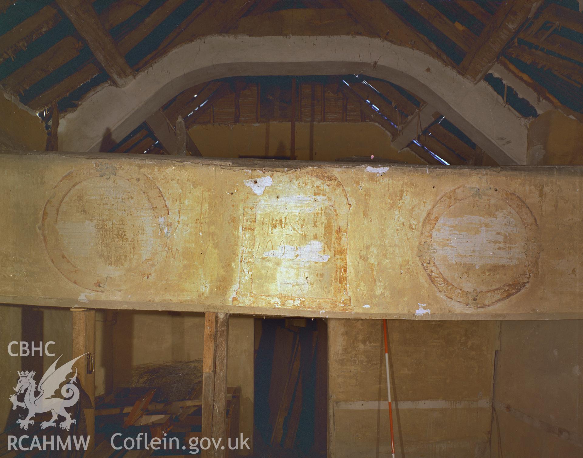 Colour negative showing interior view of Old Llangor Church.