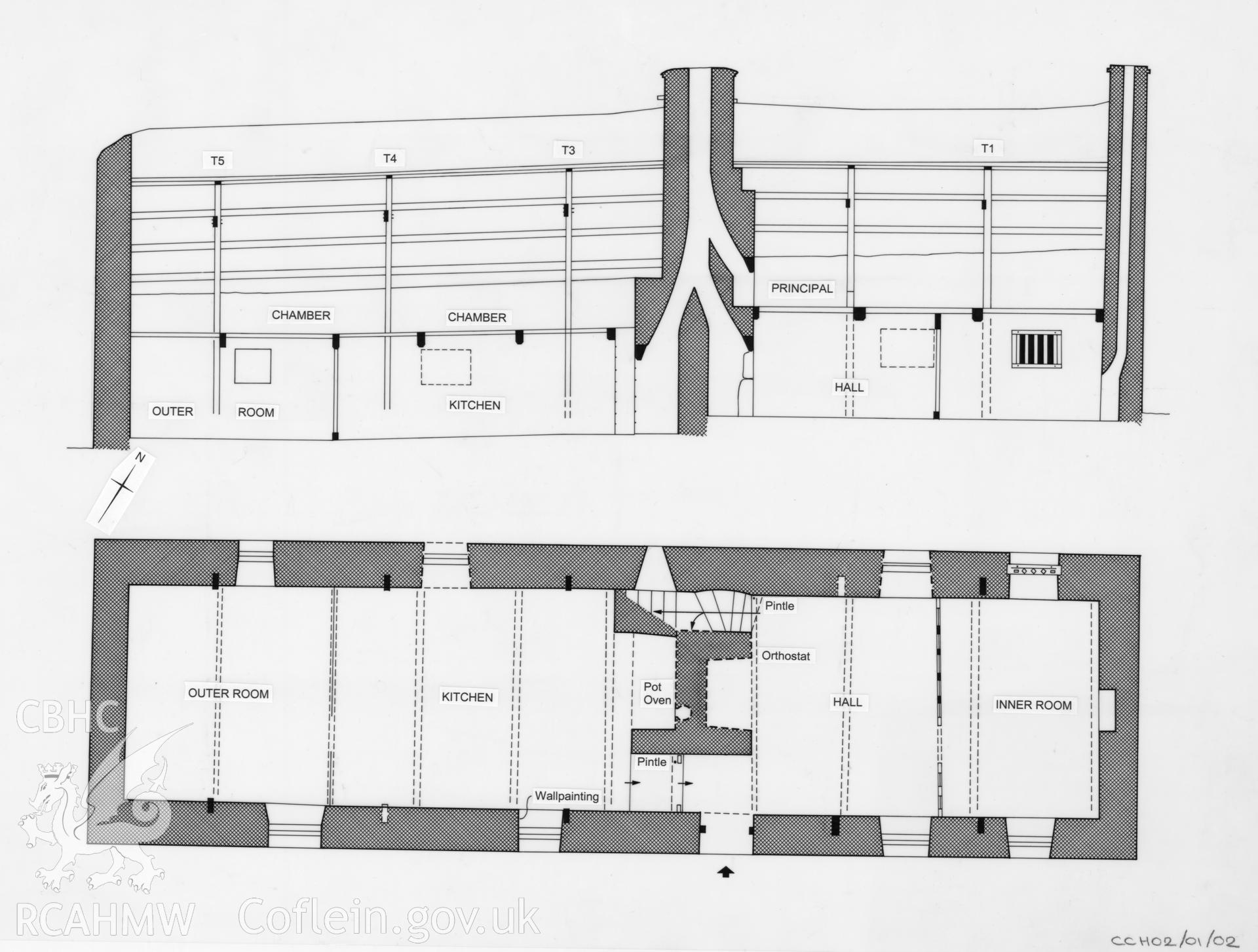 Provisional measured line drawings showing section and elevation of Gwastad Gwrda, produced by Charles Green, RCAHMW.