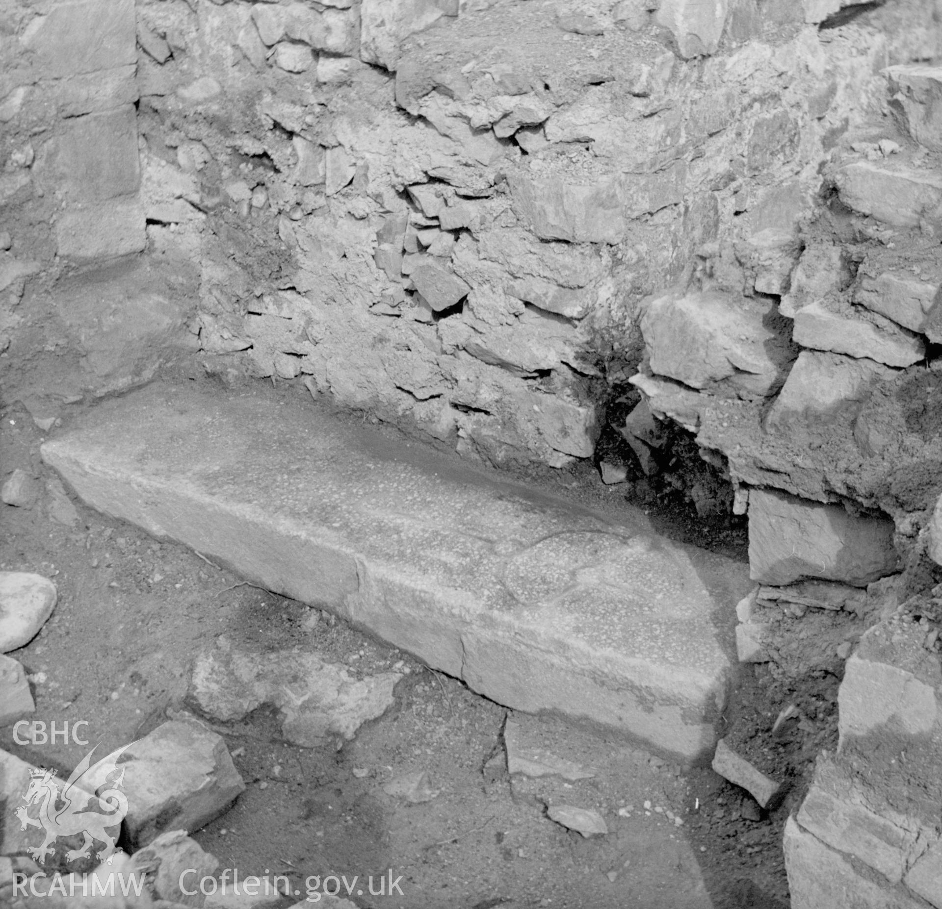 View of recumbent Manian Fawr cross inscribed stone at St Dogmaels Abbey.