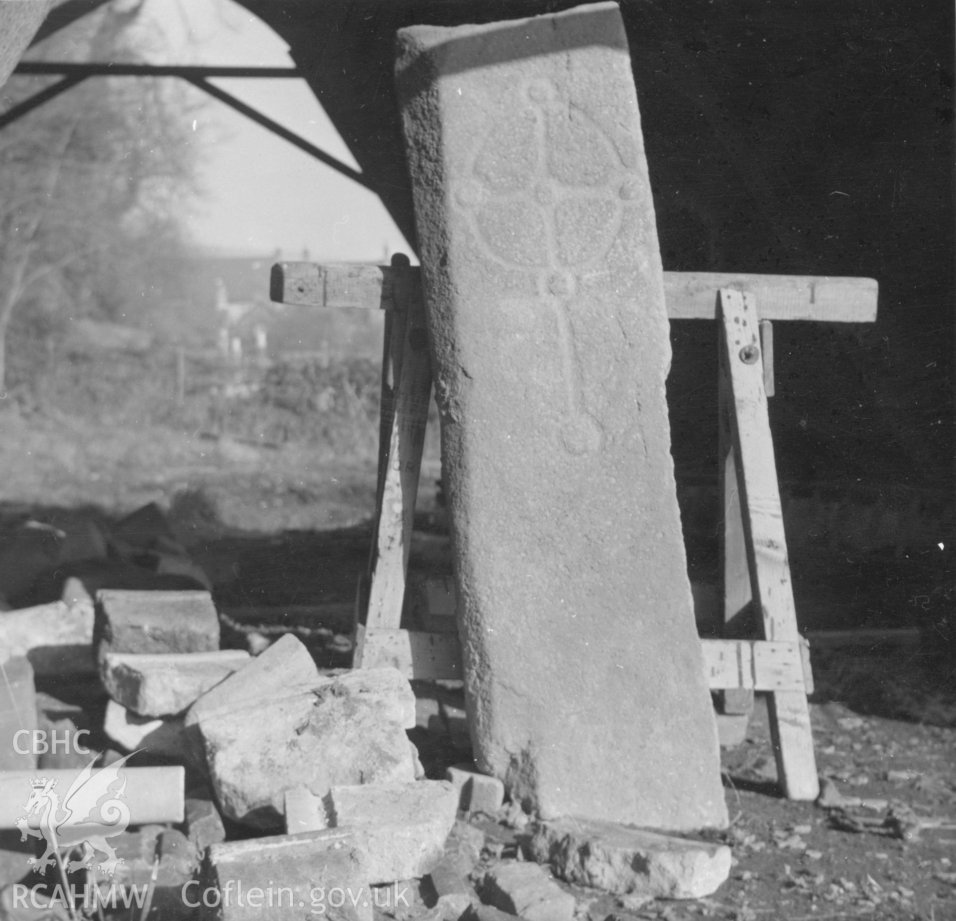 View of cross incised Manian Fawr stone, prior to being moved into St Dogmaels Abbey.