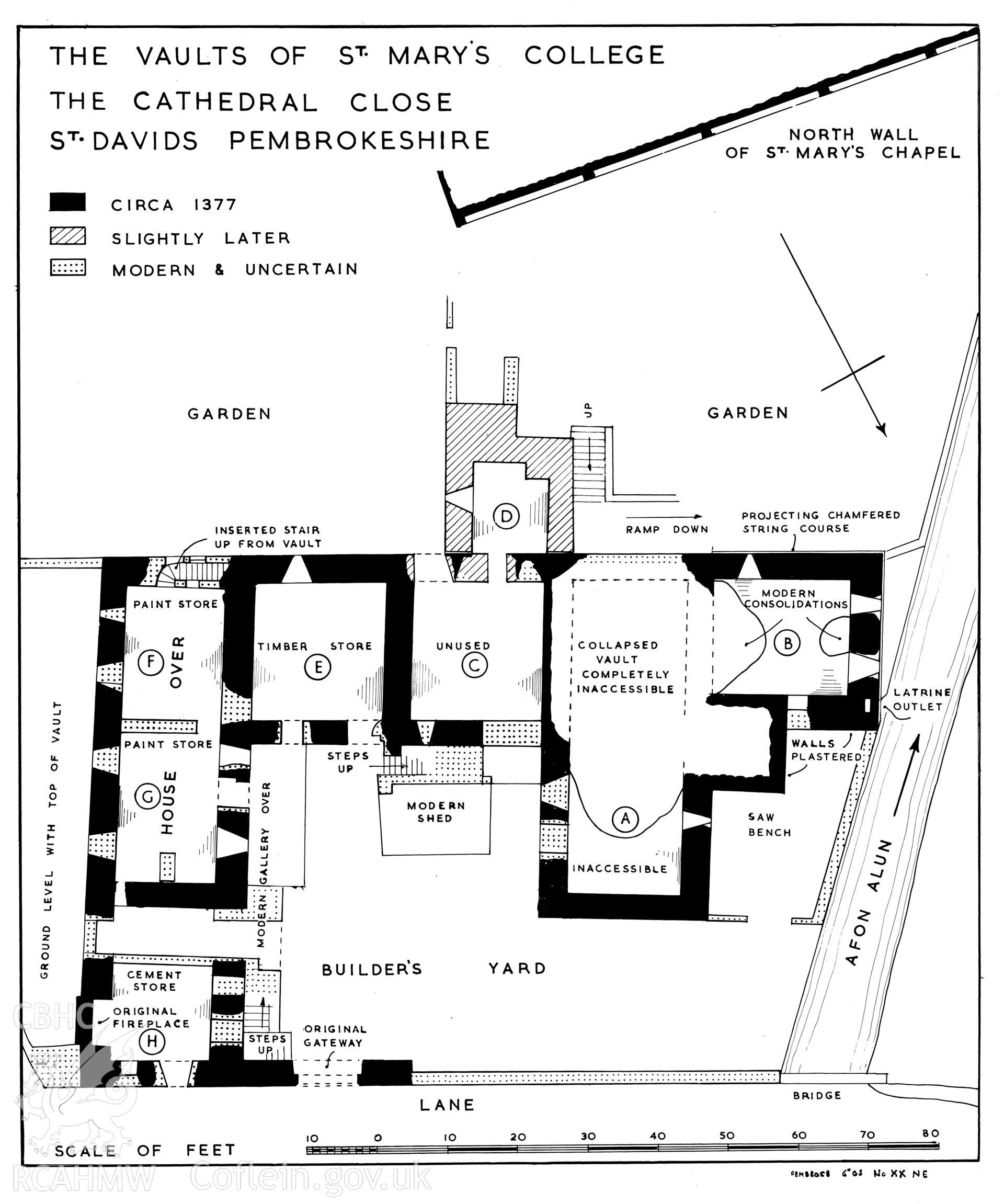 RCAHMW drawing showing plan of vaults at St Mary's College, St David's.