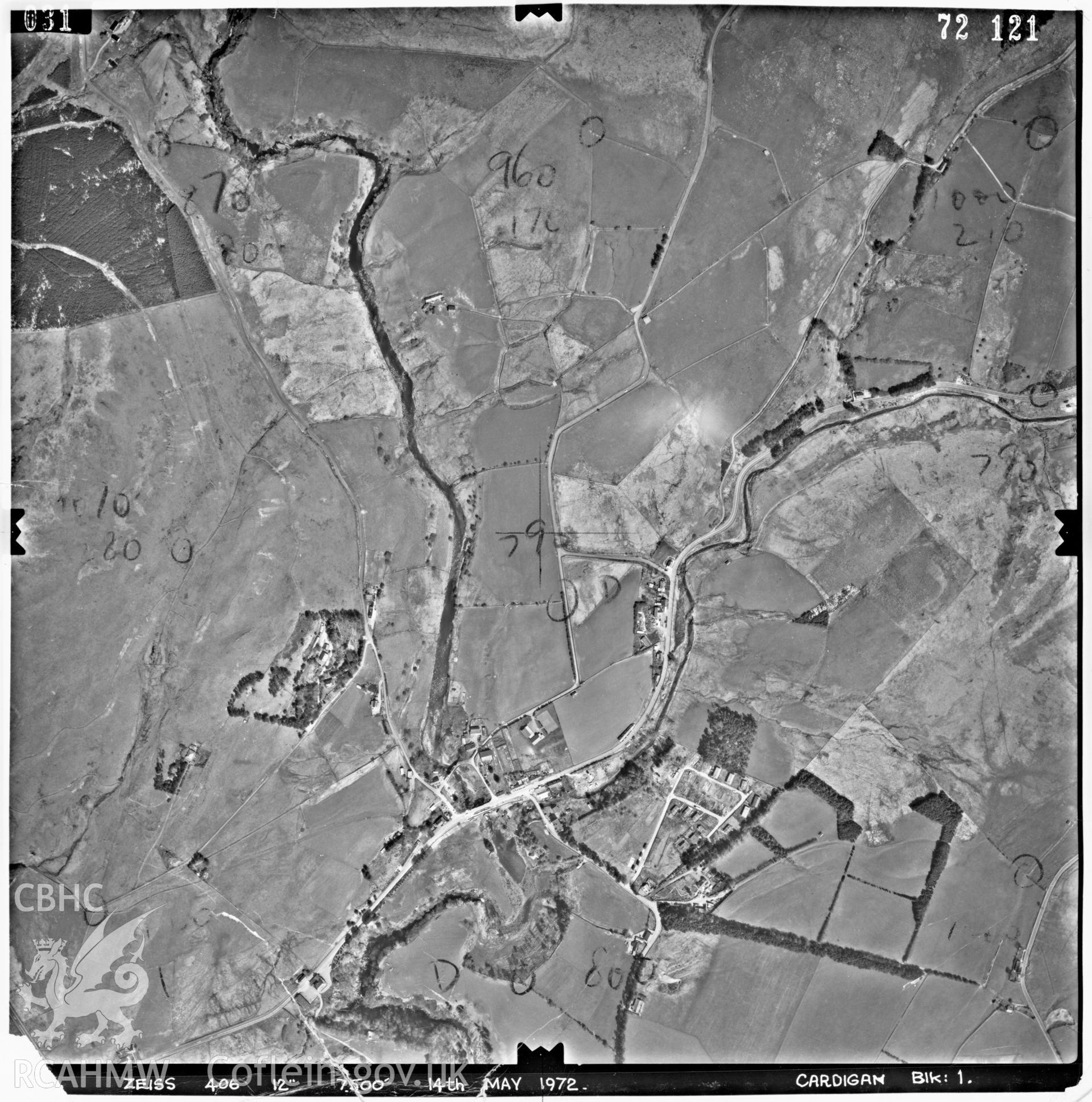 Digitized copy of an aerial photograph showing Ponterwyd area, taken by Ordnance Survey, 1972.