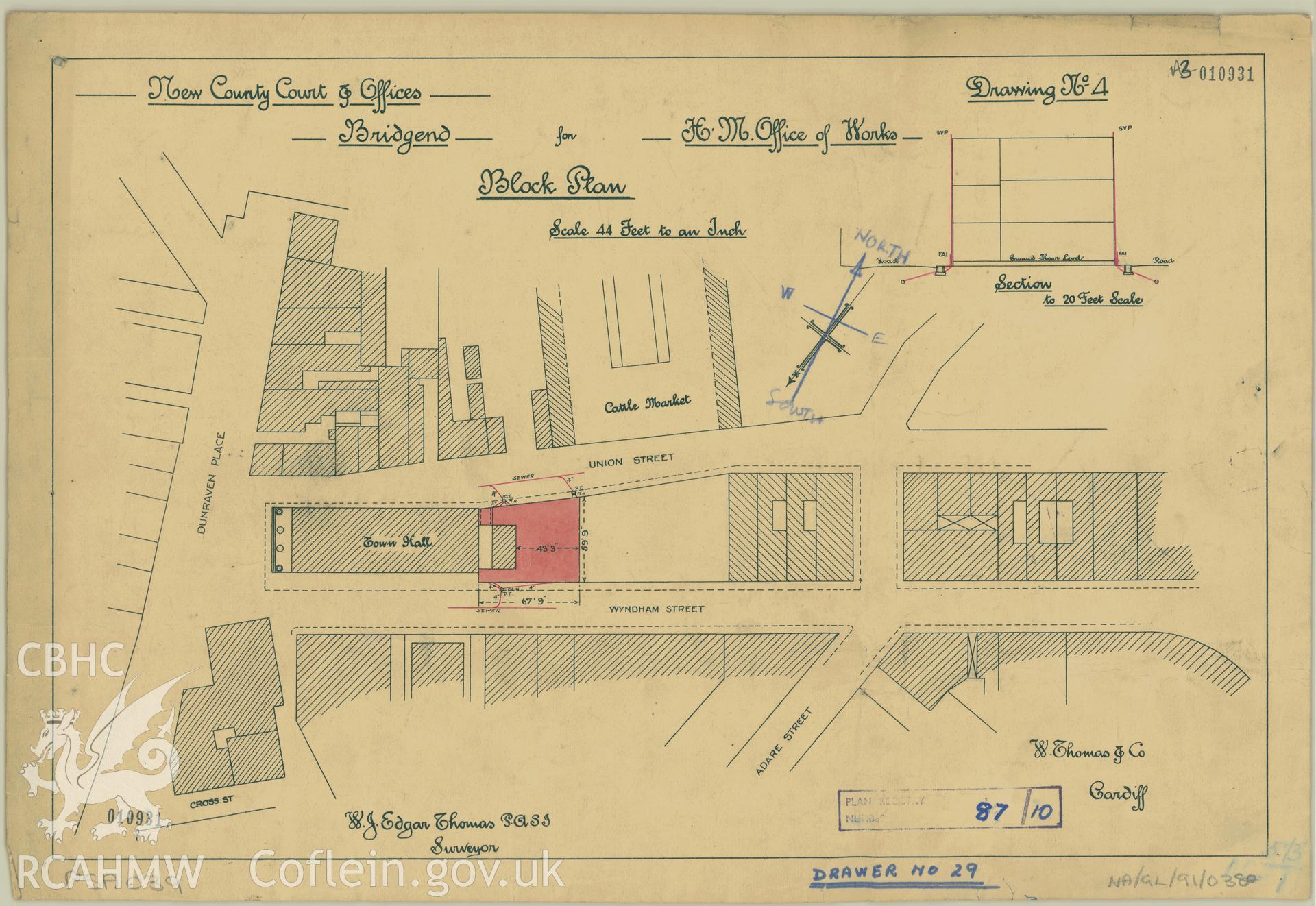 County Court and Offices, Bridgend; measured drawing showing block plan produced by W.J. Edgar Thomas for H.M. Office of Works, undated.