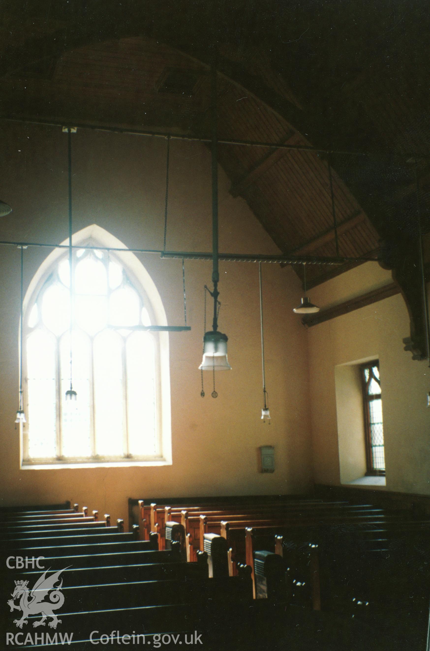 Digital copy of a colour photograph showing an interior view of Bwlchyfadfa Unitarian Chapel, taken by Robert Scourfield, c.1996.