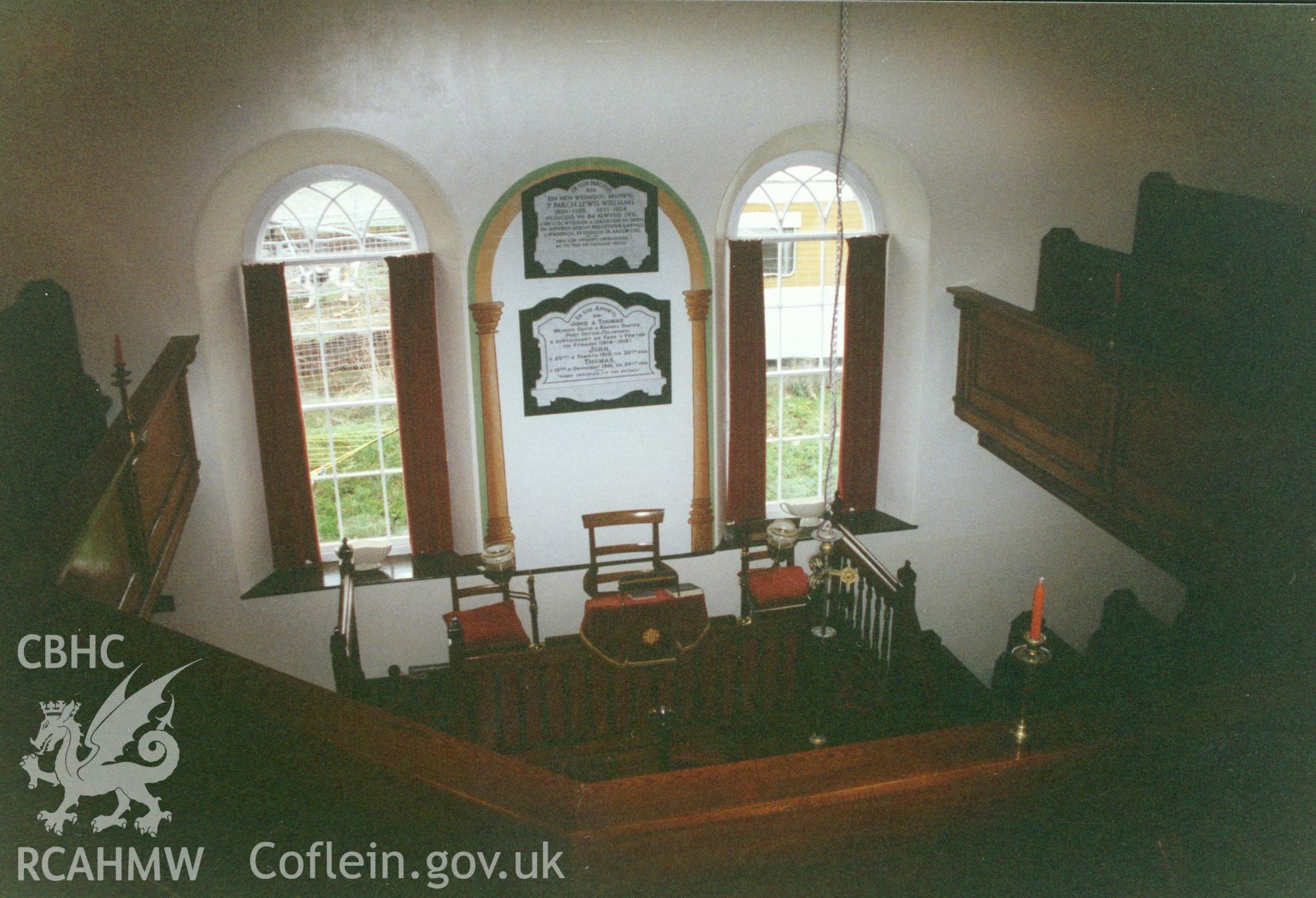 Digital copy of a colour photograph showing an interior view of Rhydygwin Welsh Unitarian Chapel, Temple Bar, taken by Robert Scourfield, c.1996.