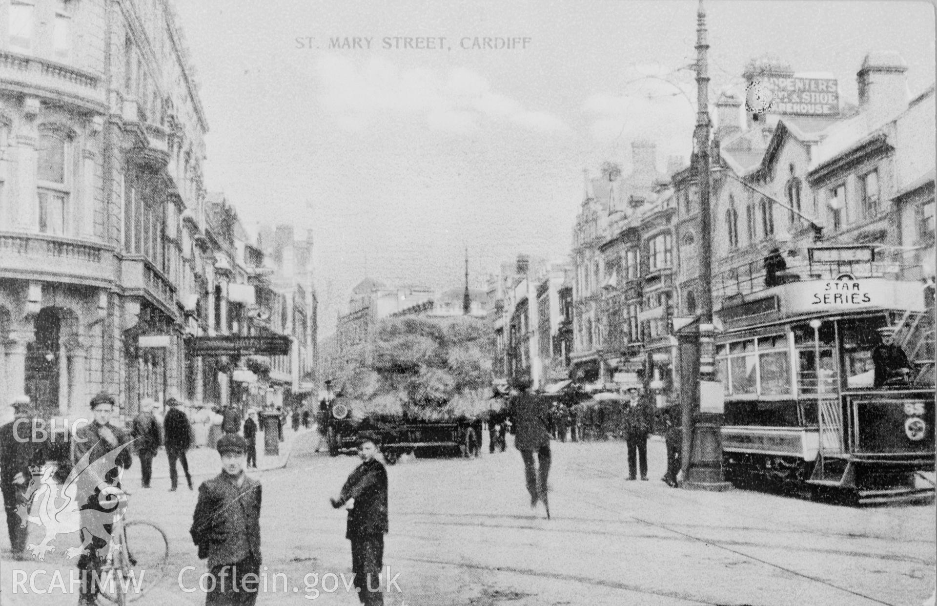 Black and white print of St Mary's Street, Cardiff.