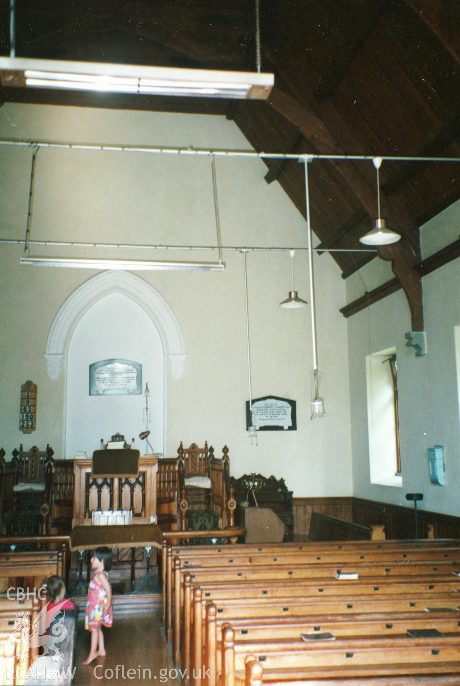 Digital copy of a colour photograph showing an interior view of Bwlchyfadfa Unitarian Chapel, taken by Robert Scourfield, c.1996.