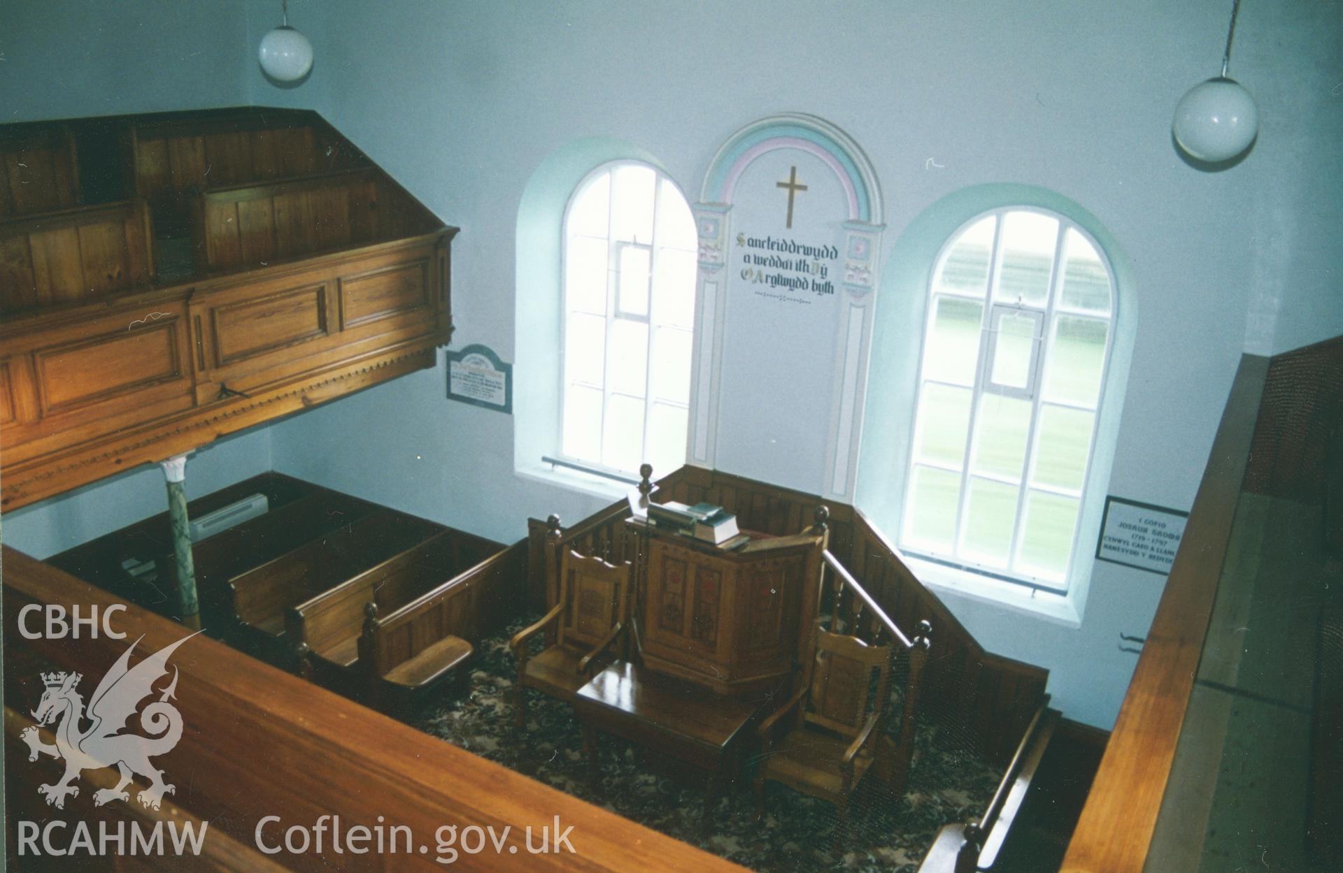 Digital copy of a colour photograph showing an interior view of Bethel Welsh Baptist Chapel, Cynwyl Gaeo, taken by Robert Scourfield, c.1996.