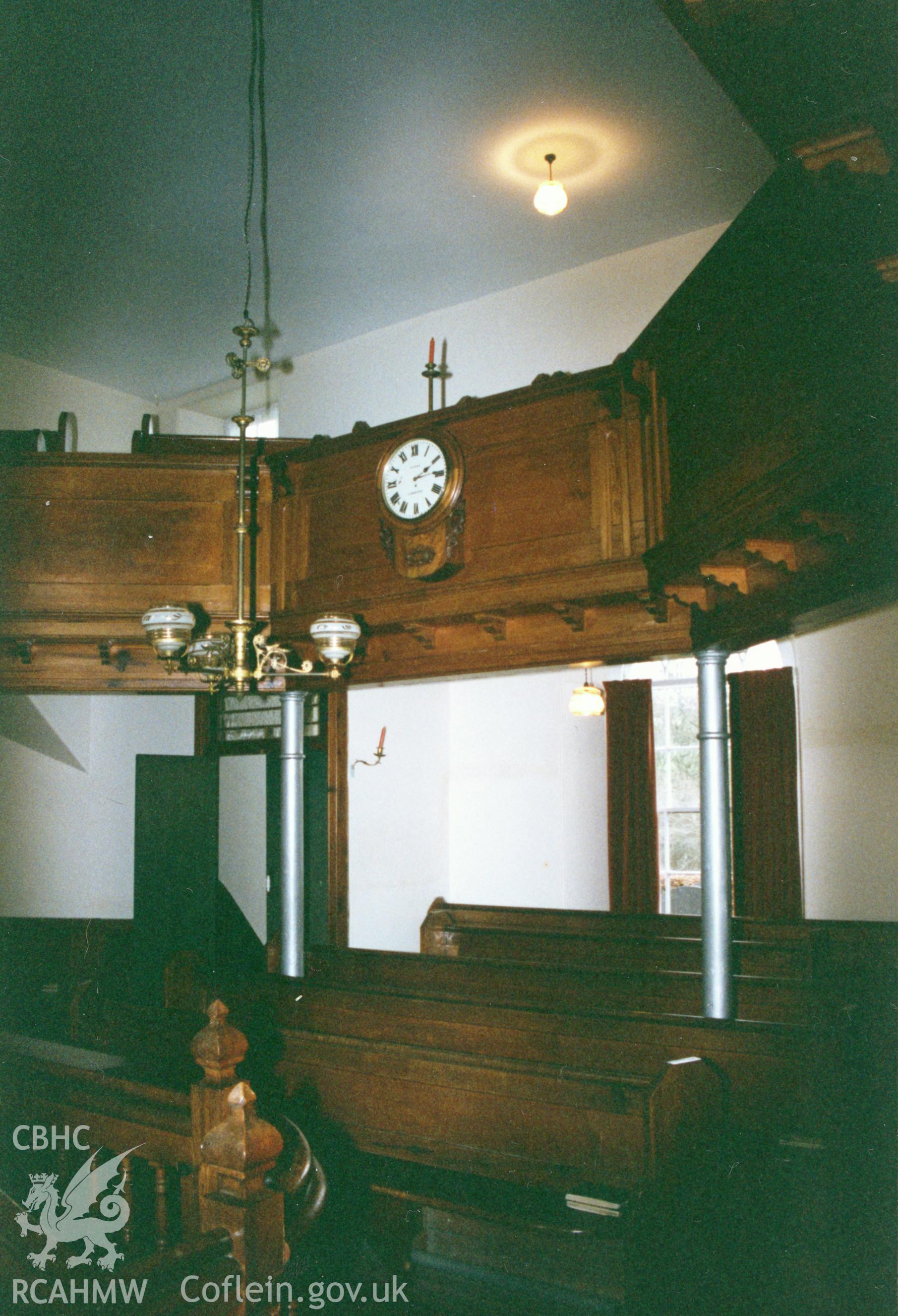 Digital copy of a colour photograph showing an interior view of Rhydygwin Welsh Unitarian Chapel, Temple Bar, taken by Robert Scourfield, c.1996.