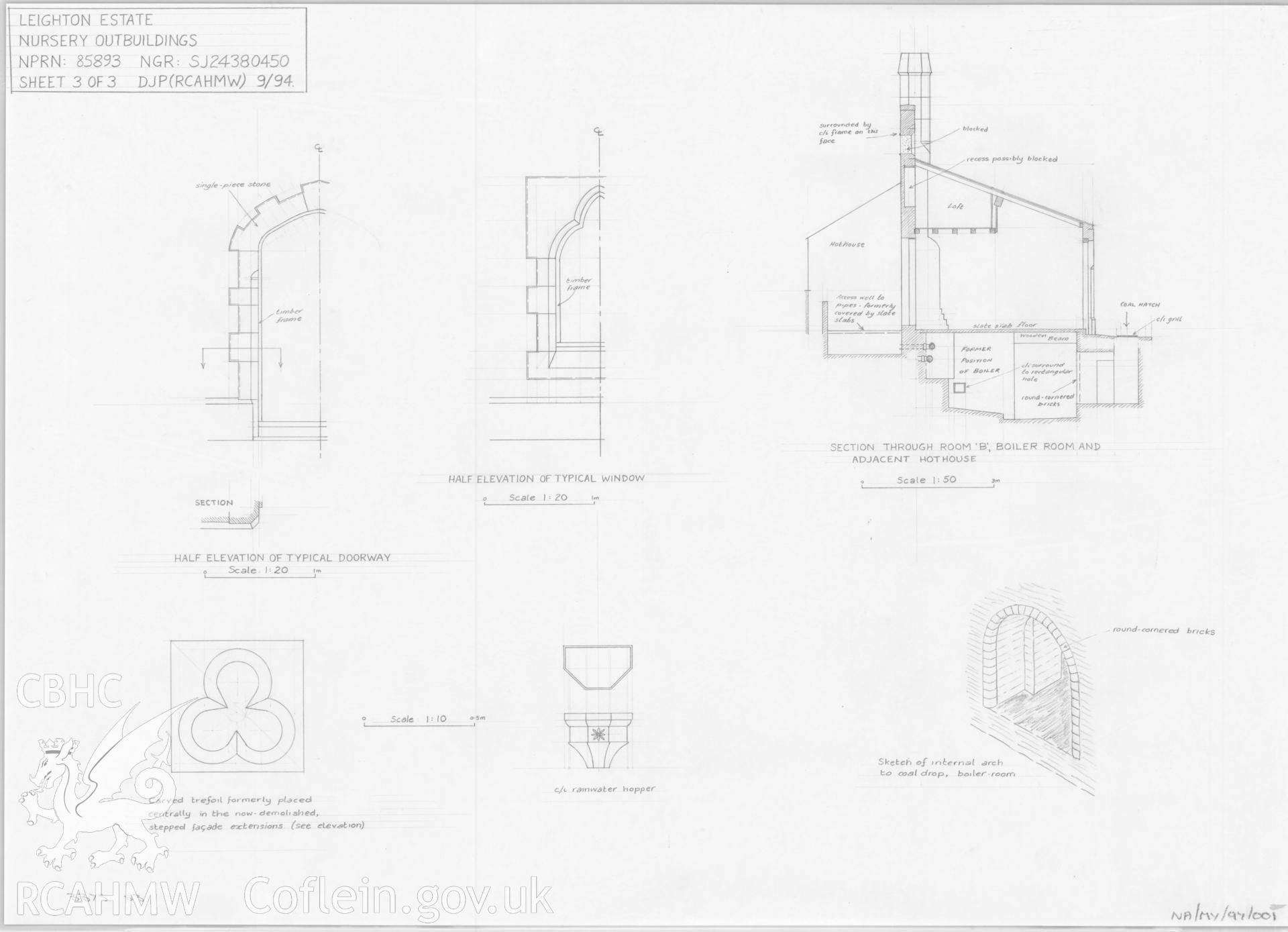 Leighton Estate Nursery Outbuildings; Pencil drawings showing elevation, section and detail, by D.J Percival, dated March 1994.