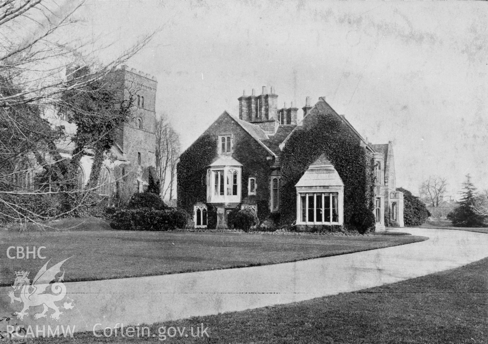 Usk Priory, Usk; B&W print copied from a postcard dated May 1905, loaned for copying by Thomas Lloyd. Copy negative held.