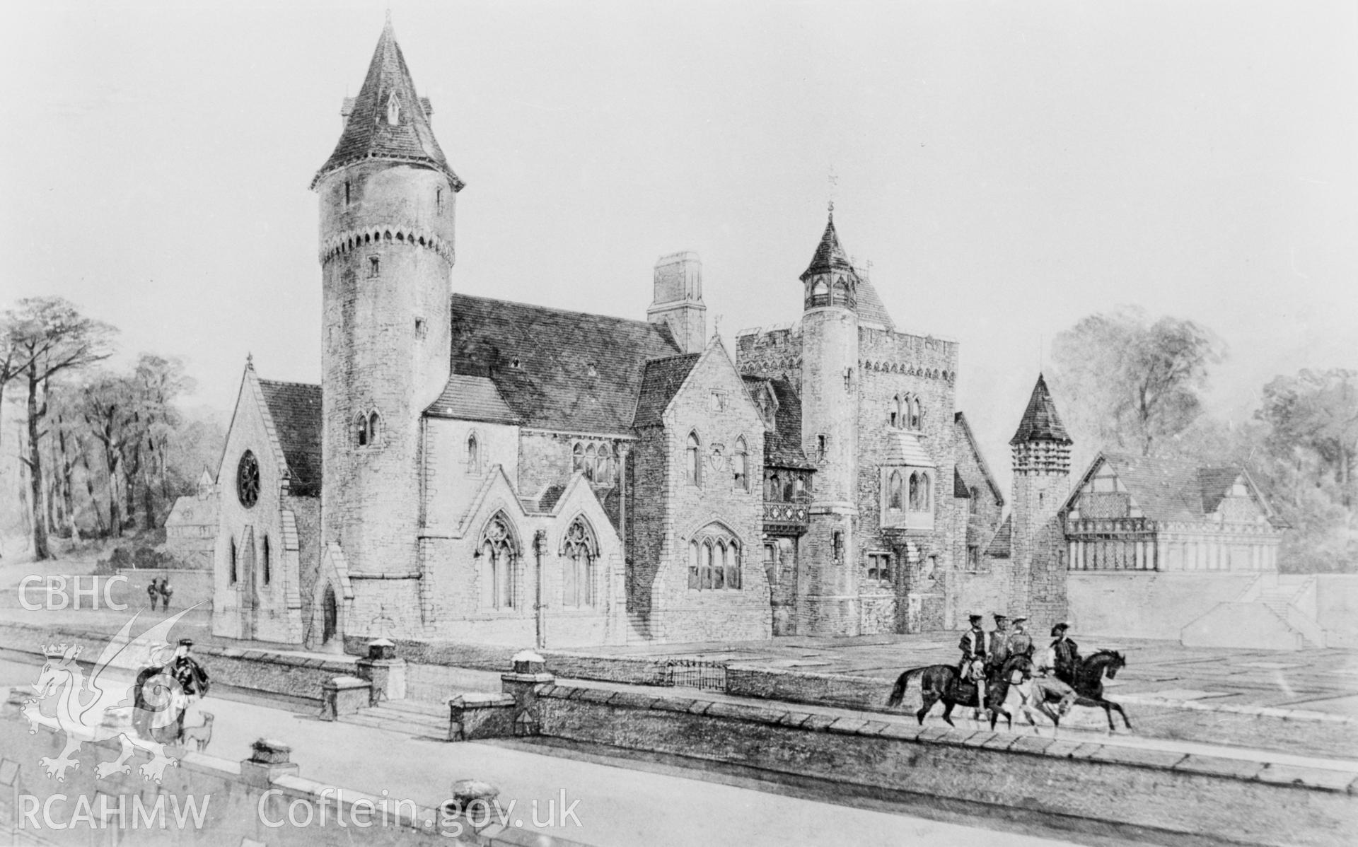 A black and white print of a drawing of Bronwydd Mansion. Copied photo loaned by Thomas LLoyd.