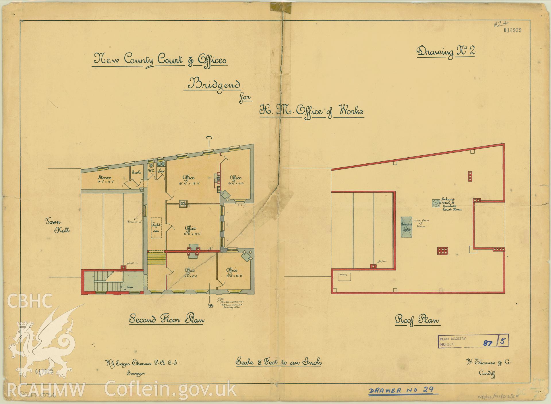 County Court and Offices, Bridgend; measured drawing showing second floor plan and roof plan produced by W.J. Edgar Thomas for H.M. Office of Works, undated.