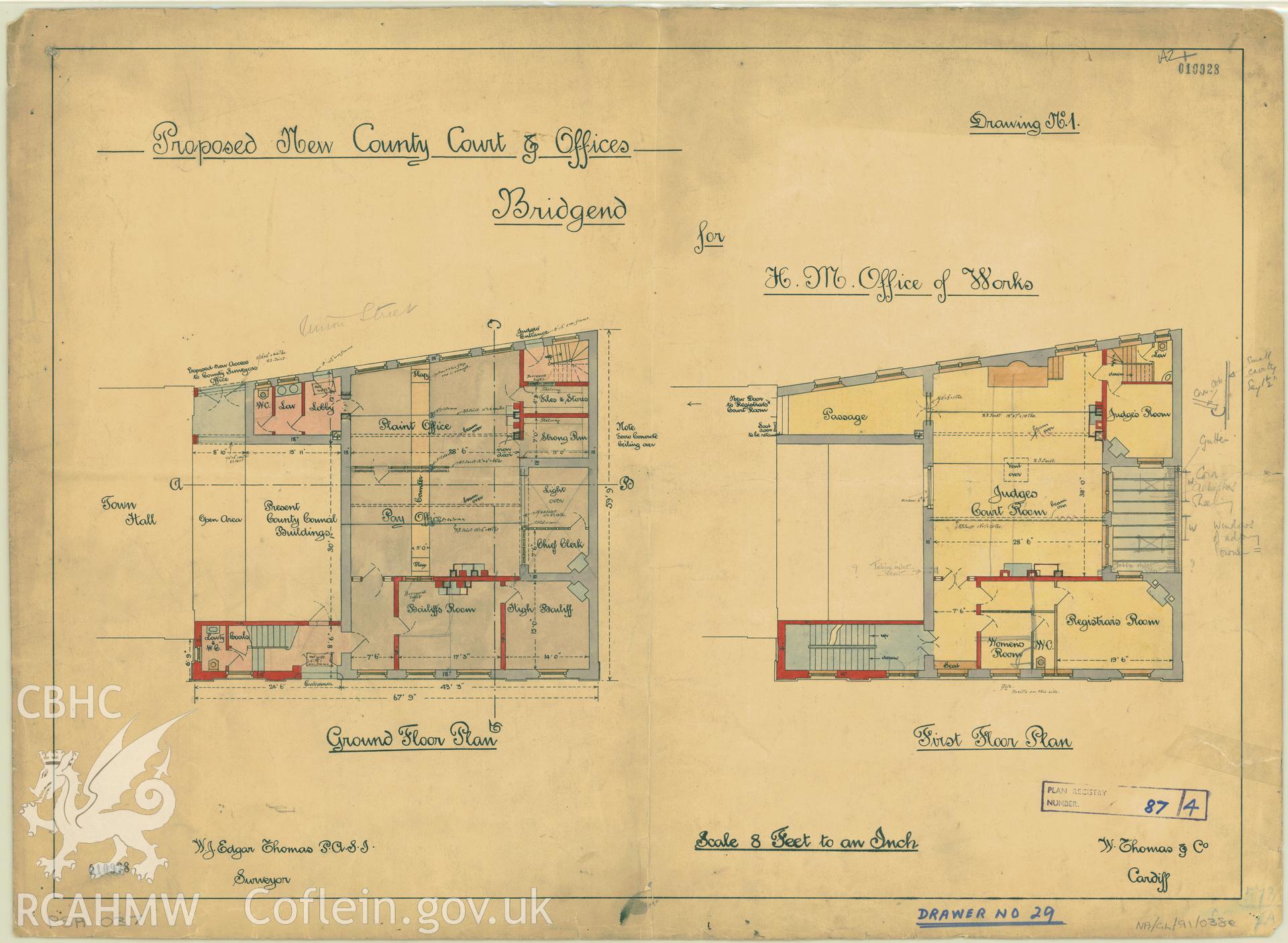 County Court and Offices, Bridgend; measured drawing showing ground floor plan and first floor plan produced by W.J. Edgar Thomas for H.M. Office of Works, undated.