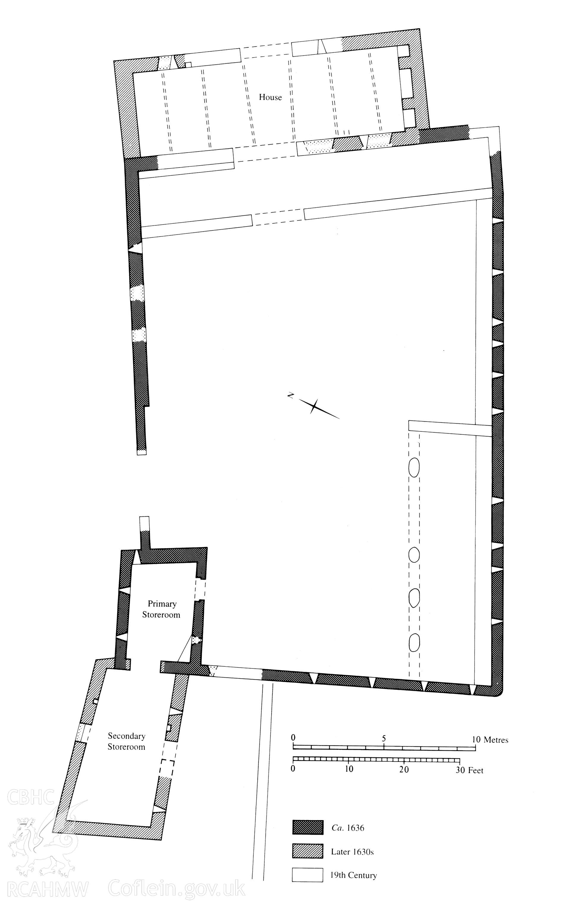 Marsh House Farm, Penmark; copy of RCAHMW measured survey comprising plans and section views, as used in an article entitled "Marsh House, East Aberthaw A Seventeenth-Century Fortified Tobacco Store in Glamorgan" by C.J. Spurgeon and H.J. Thomas, published in Archaeologia Cambrensis Volume CXLVI (1997)