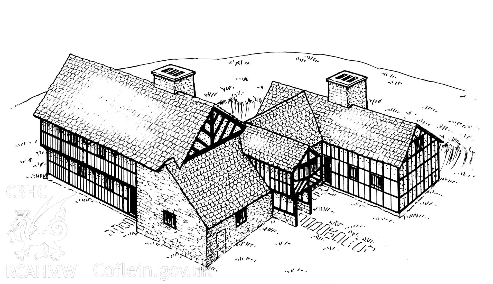 Old Impton Farmhouse, Norton; perspective reconstruction sketch showing relationship between the stone-built hall and the timber-framed additions, as published in the RCAHMW volume, Houses and History in the Marches of Wales.  Radnorshire 1400-1800,  page 140, figure 148.