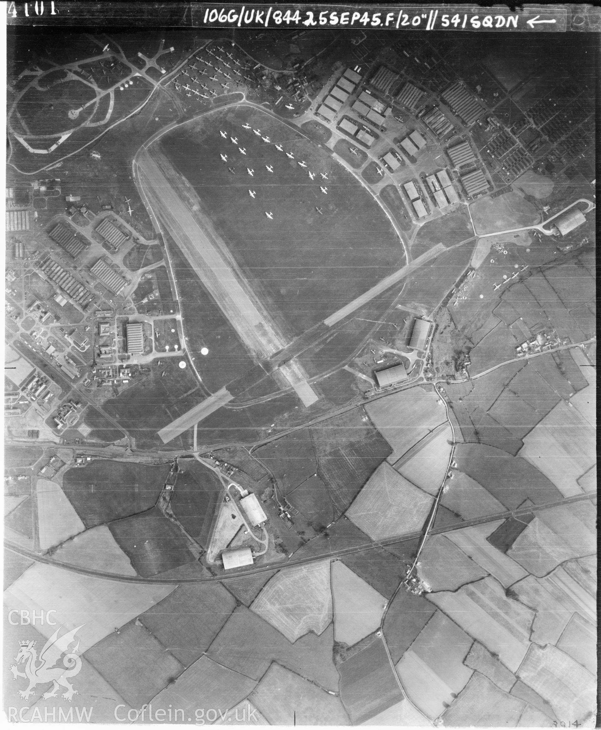 Black and white vertical aerial photograph taken by the RAF on 25/09/1945 centred on ST00366818 at a scale of 1:10000. The photograph includes part of St Athan community in The Vale of Glamorgan.