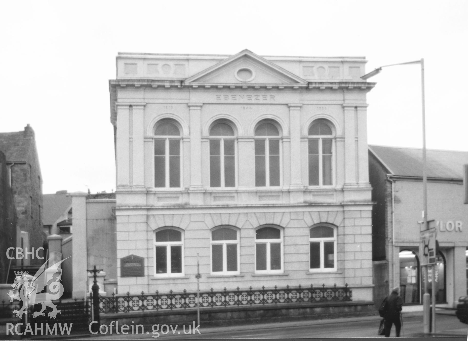 Digital copy of a black and white photograph showing an exterior view of Ebenezer Chapel, Haverfordwest,  taken by Robert Scourfield, 1995.