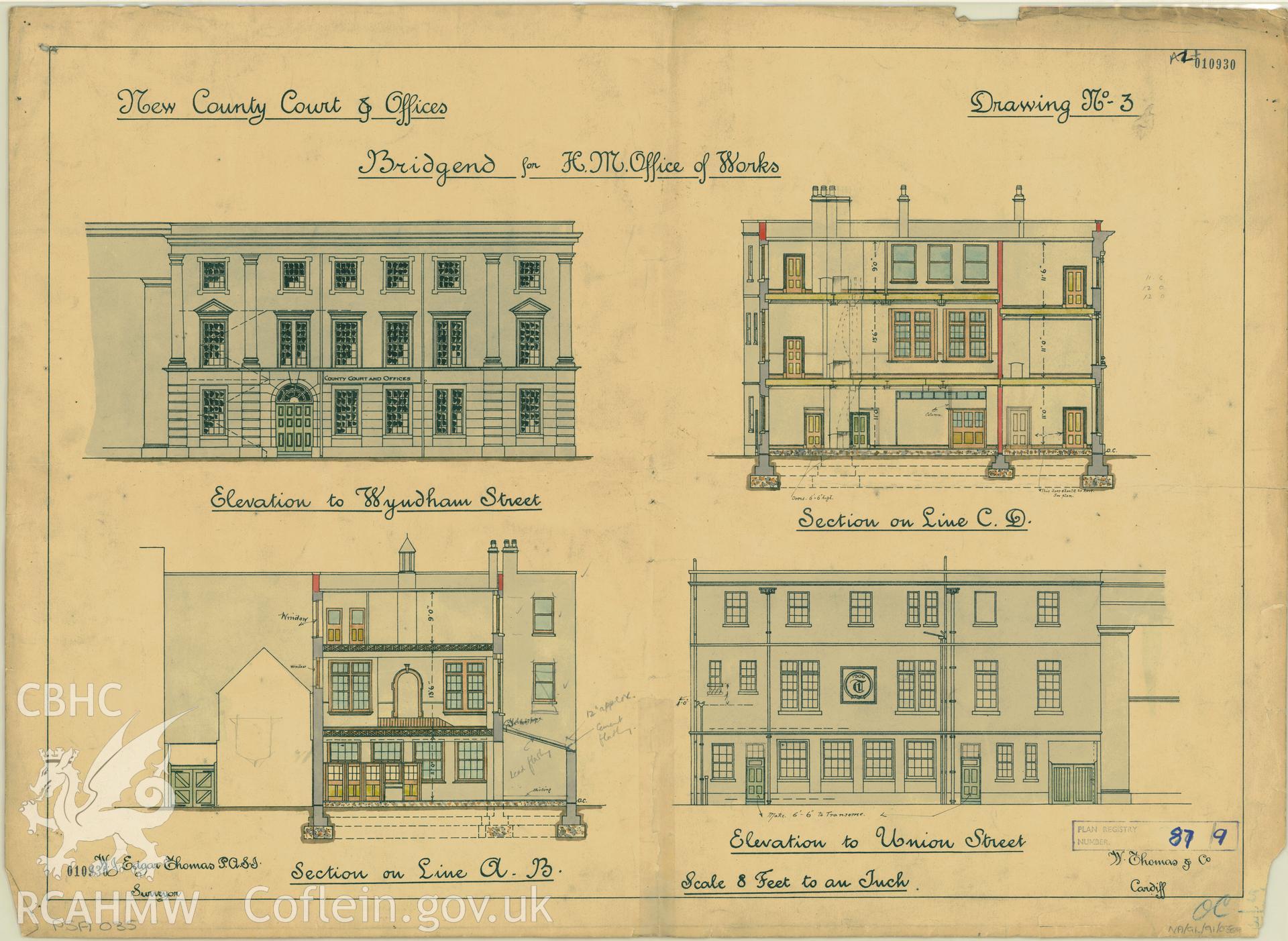 County Court and Offices, Bridgend; measured drawing showing elevation and section views produced by W.J. Edgar Thomas for H.M. Office of Works, undated.