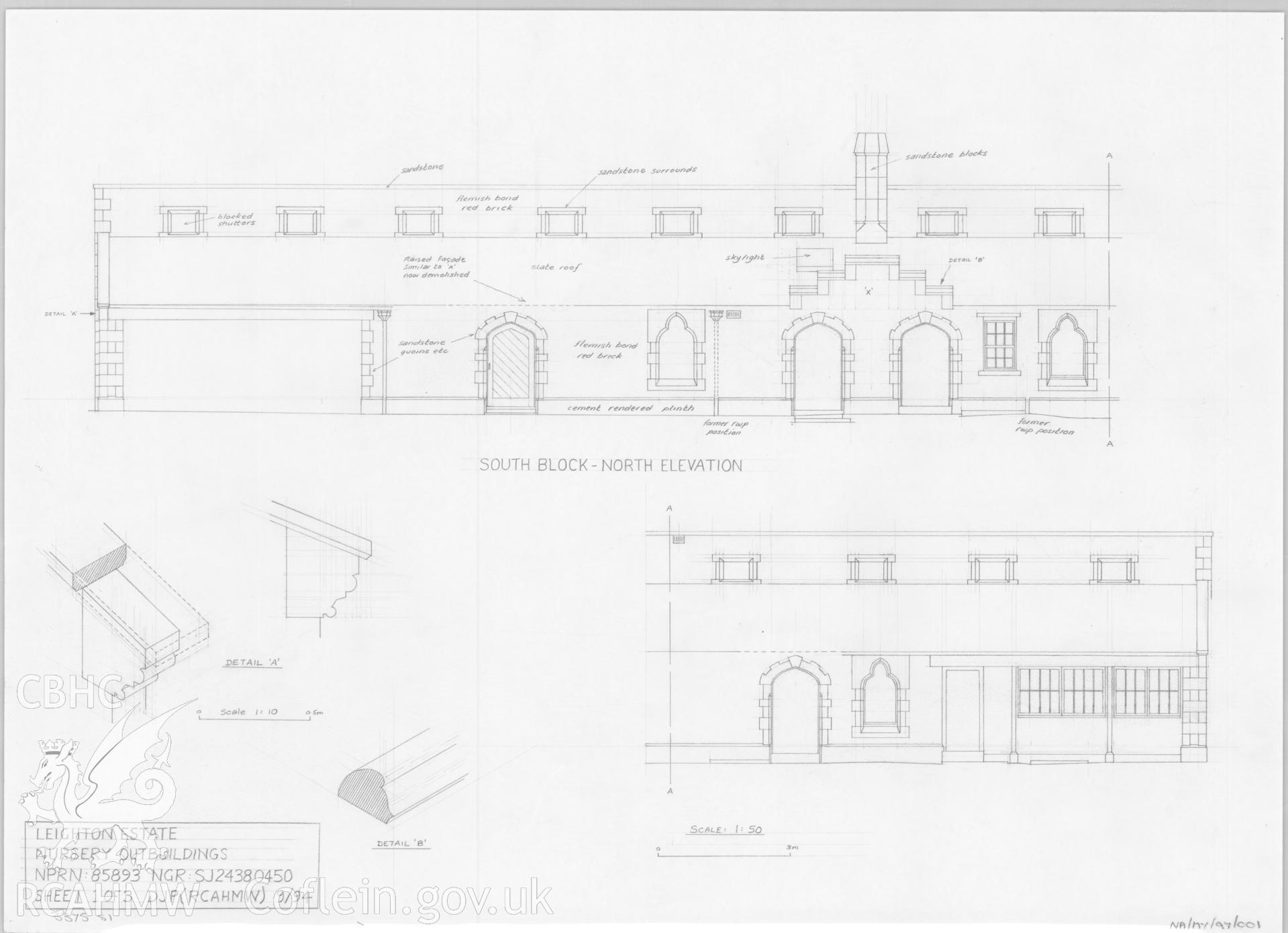 Leighton Estate Nursery Outbuildings; Pencil drawing showing elevations,  and details by David Percival, dated March 1994.