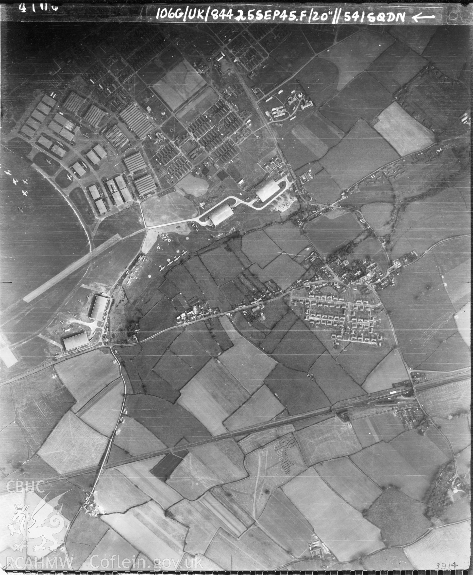 Black and white vertical aerial photograph taken by the RAF on 25/09/1945 centred on ST01226807 at a scale of 1:10000. The photograph includes part of St Athan community in The Vale of Glamorgan.