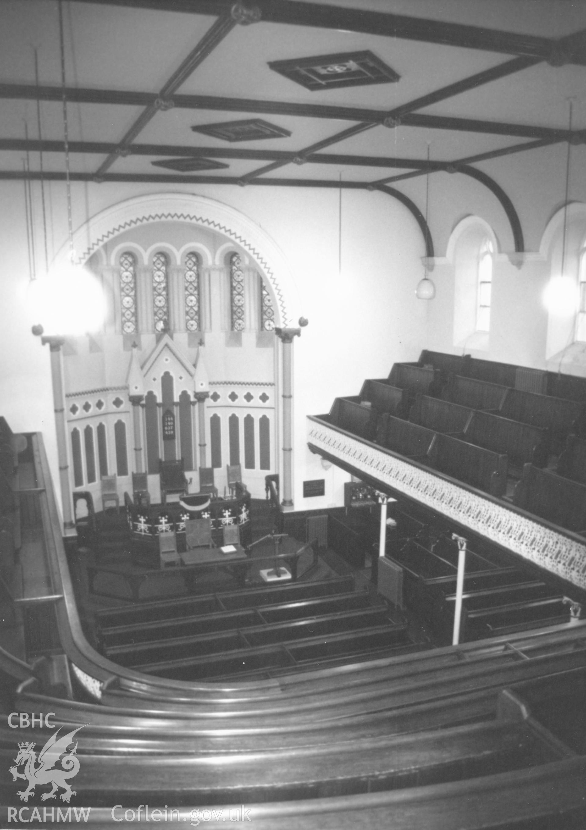 Digital copy of a black and white photograph showing an interior view of the Bethesda English Baptist Chapel, Haverfordwest, taken by Robert Scourfield, c.1996.