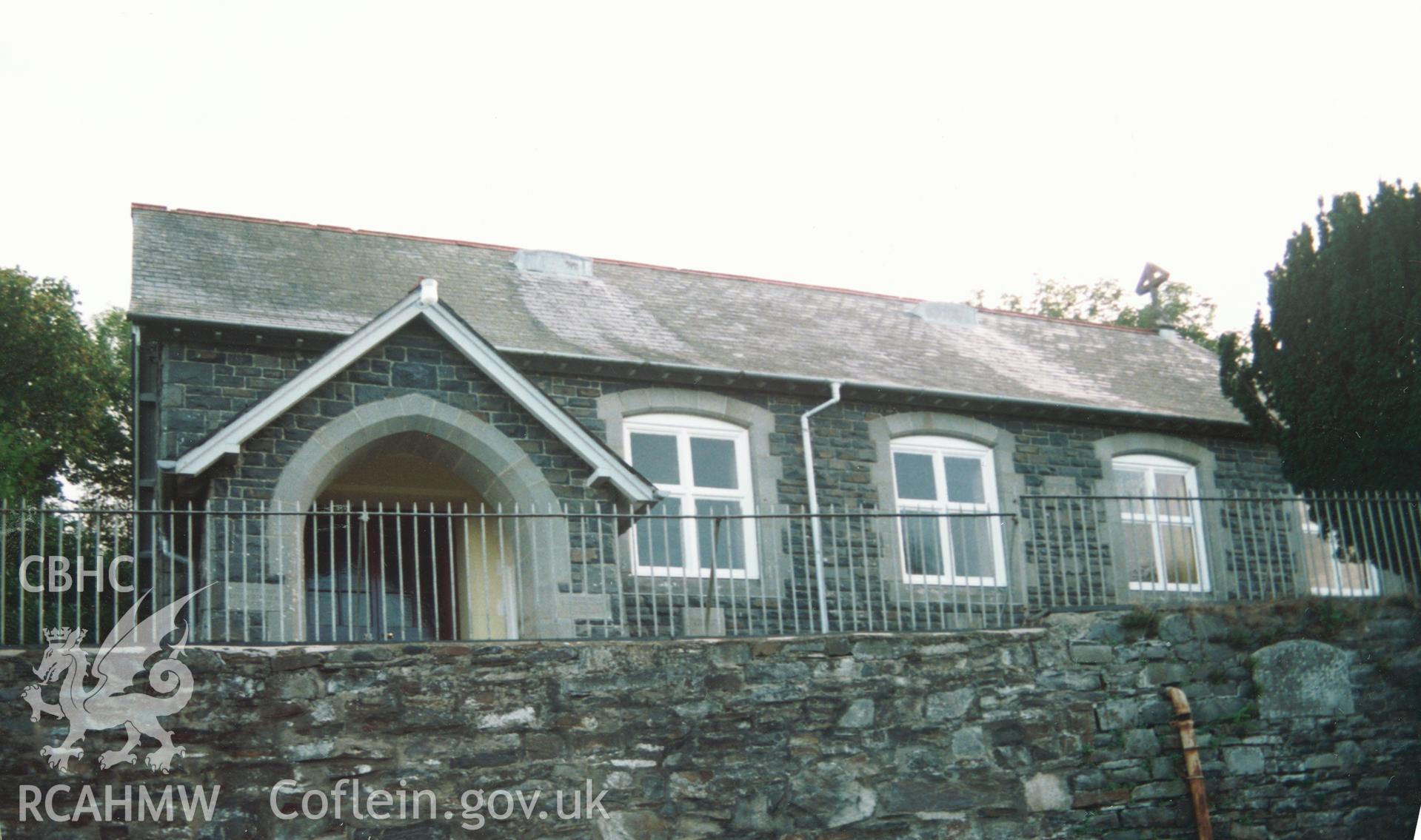 Digital copy of a colour photograph showing an exterior view of Ciliau Aeron Unitarian Chapel,  taken by Robert Scourfield, c.1996.