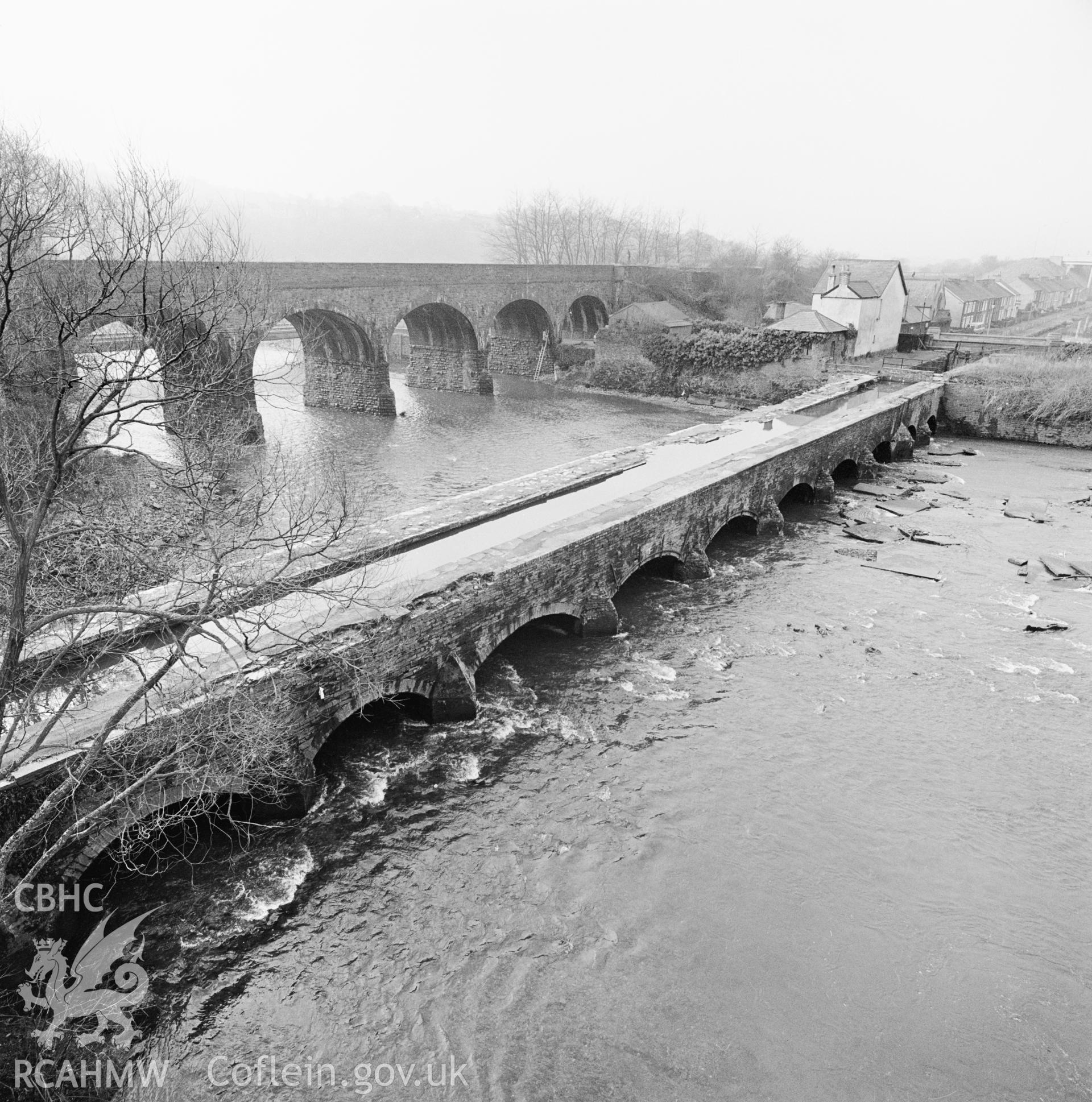 Aberdulais Aqueduct; black and white photograph showing the aqueduct from the north, taken by RCAHMW c1980.