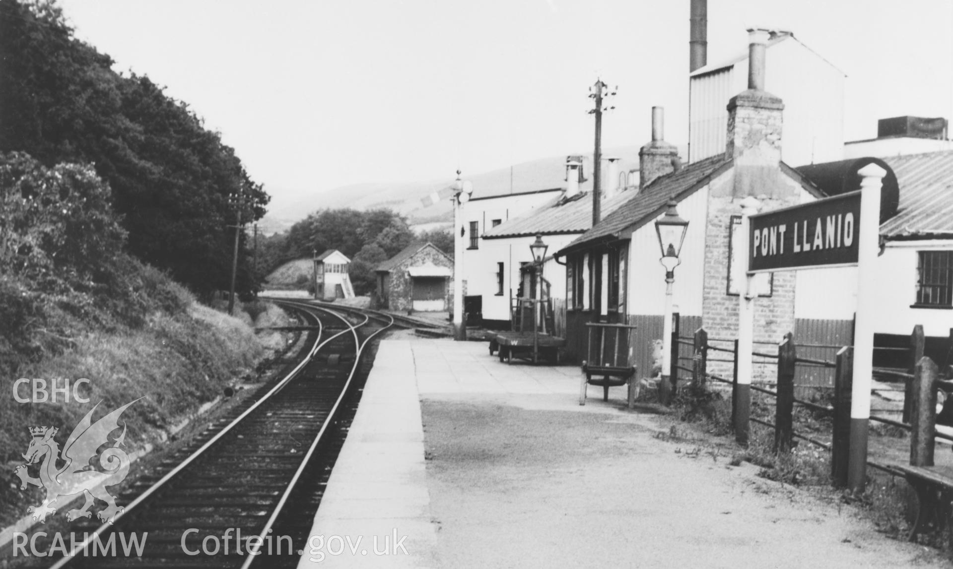 Black and white postcard showing view of Pont Llanio Railway Station. From Rokeby Album II part 2 of 2 no.47c.