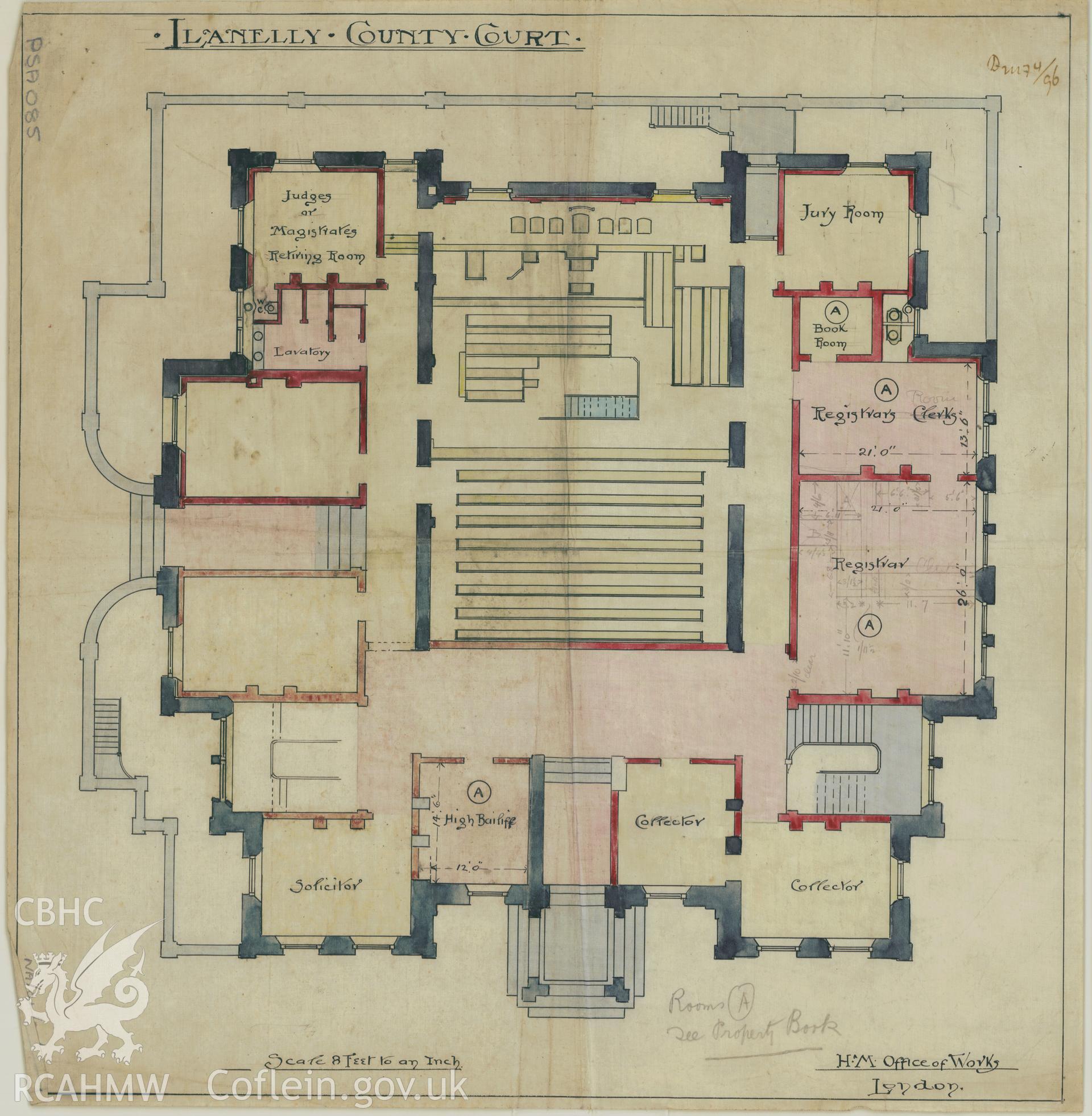 Town Hall or County Court, Llanelli;  measured drawing showing proposed plan submitted in the 1892 competition to find a design for the new Town Hall.