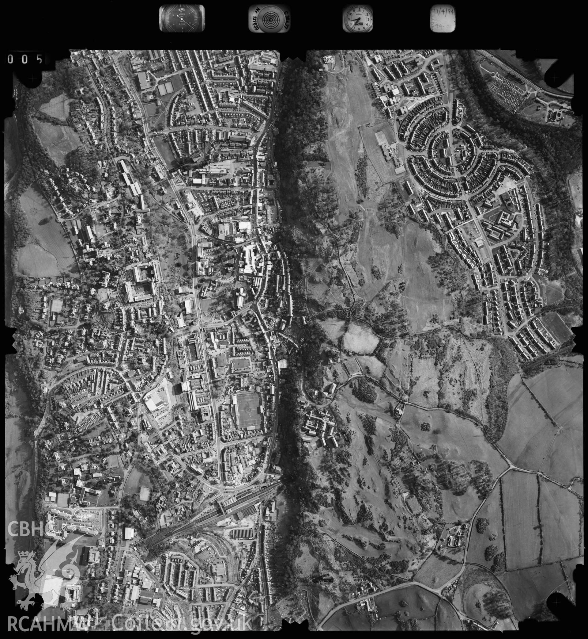 Digitized copy of an aerial photograph showing Upper Bangor area, taken by Ordnance Survey, 1994.