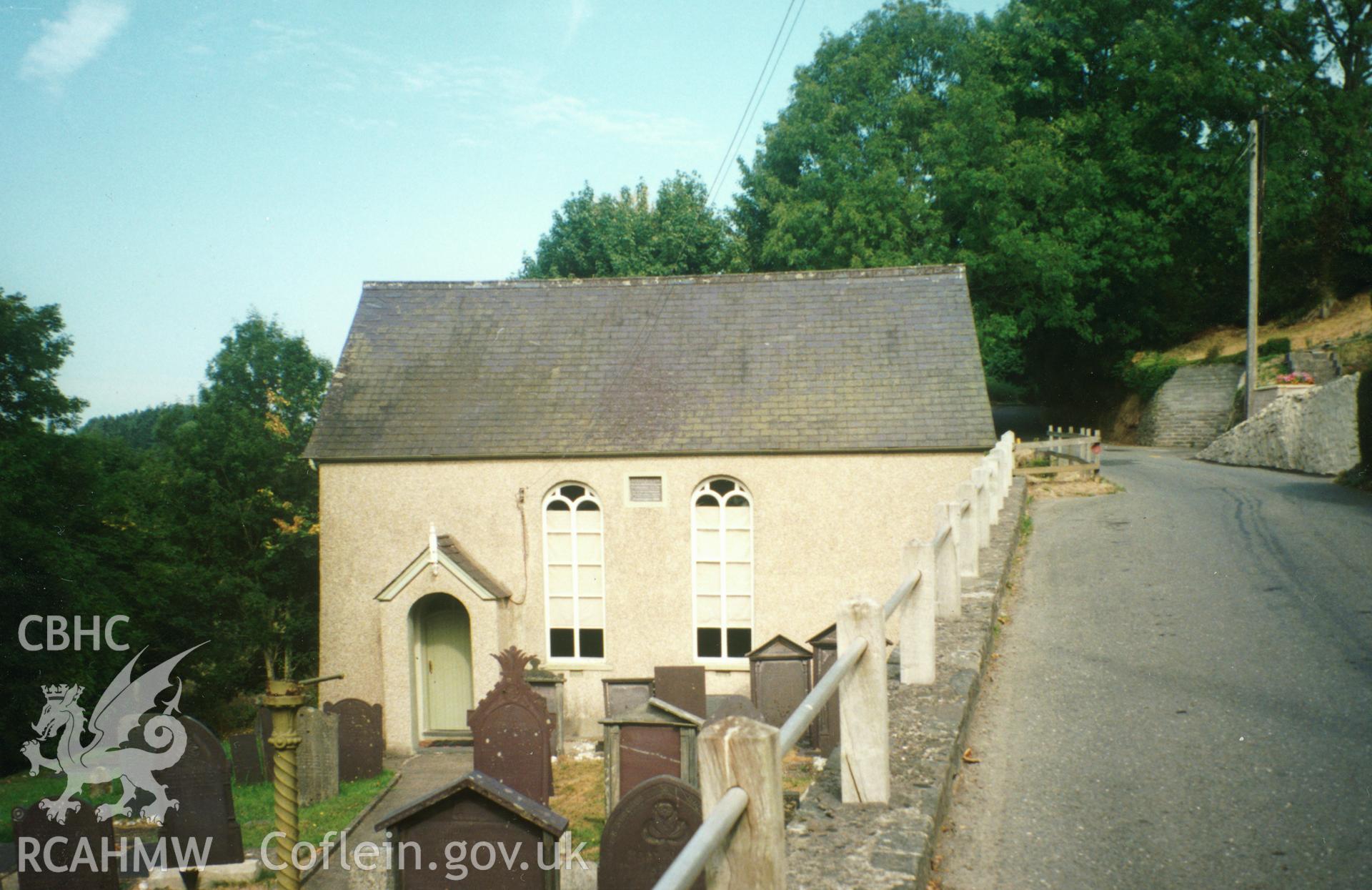 Digital copy of a colour photograph showing an exterior view of Llwyndafydd Welsh Baptist Chapel,  taken by Robert Scourfield, c.1996.