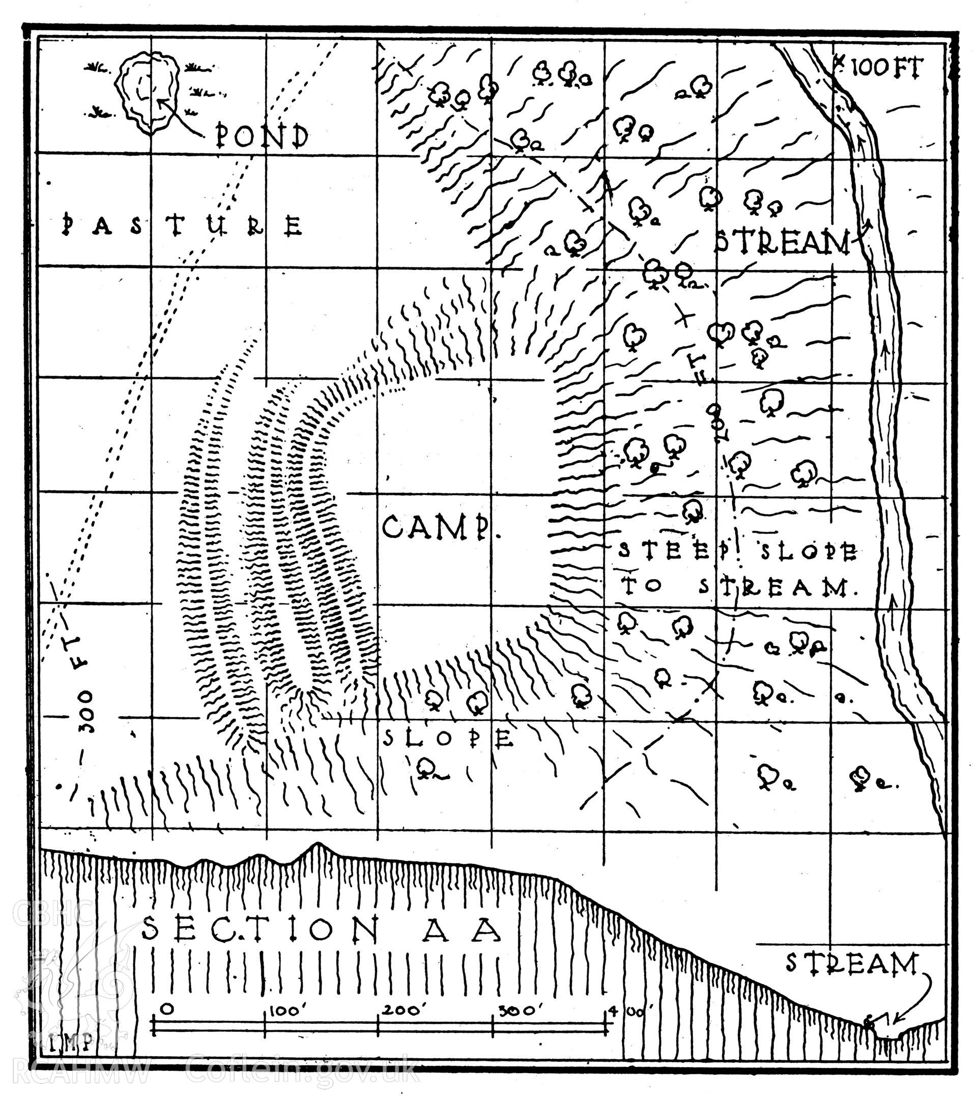 Digitized copy of a measured plan of Pen y Coed Castle, copied from RCAHMW Carmarthenshire Inventory volume I, figure 47