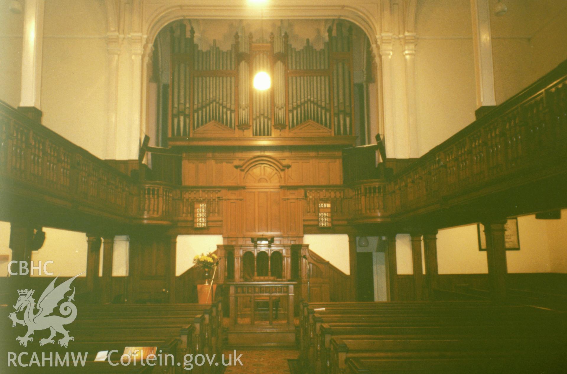 Digital copy of a colour photograph showing an interior view of the  Penuel  Welsh Baptist Church, Carmarthen, taken by Robert Scourfield, undated.