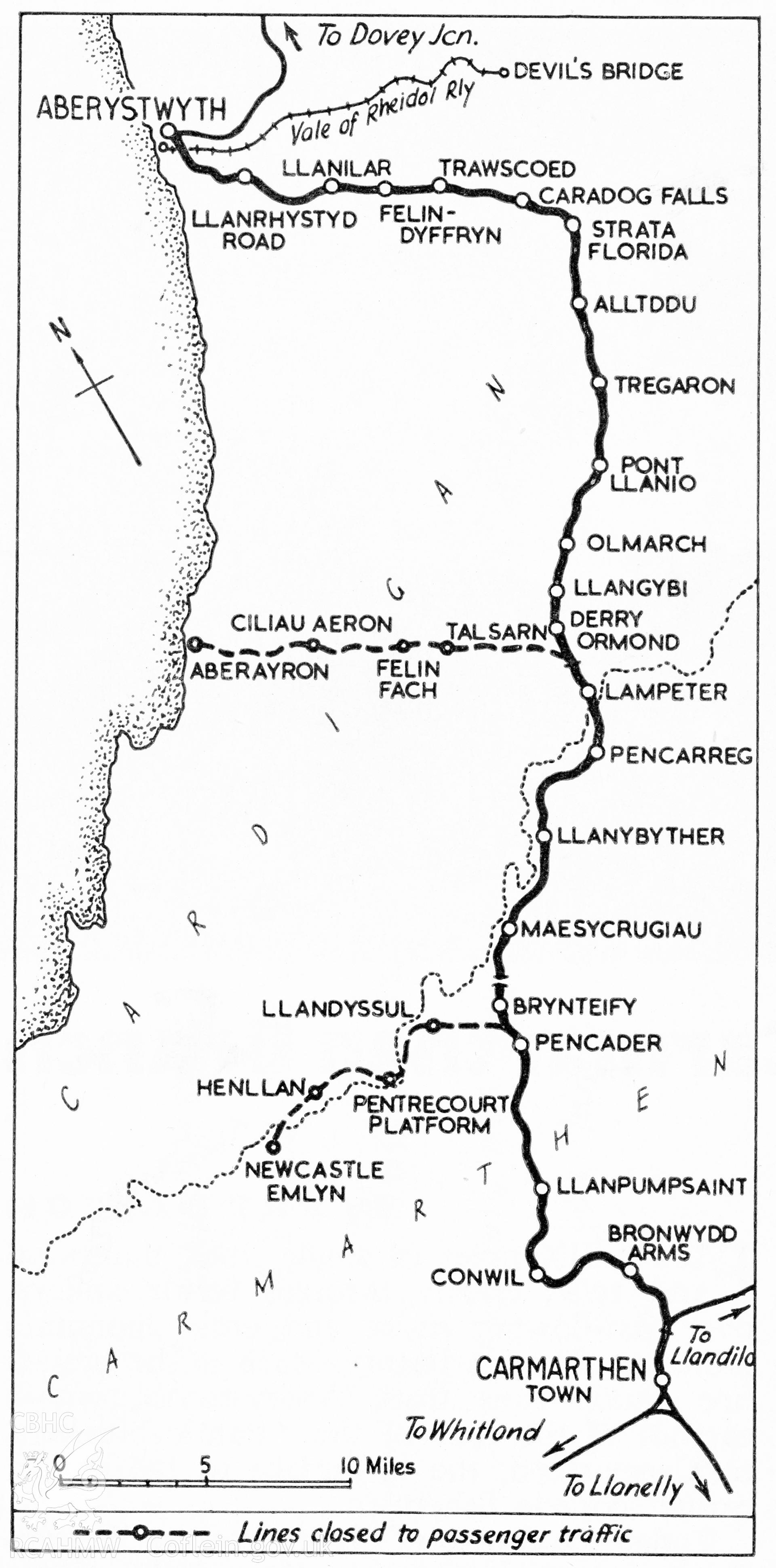 Black and white postcard showing a map of the Aberystwyth to Carmarthen Railway Line. From Rokeby Album II, no 50b.