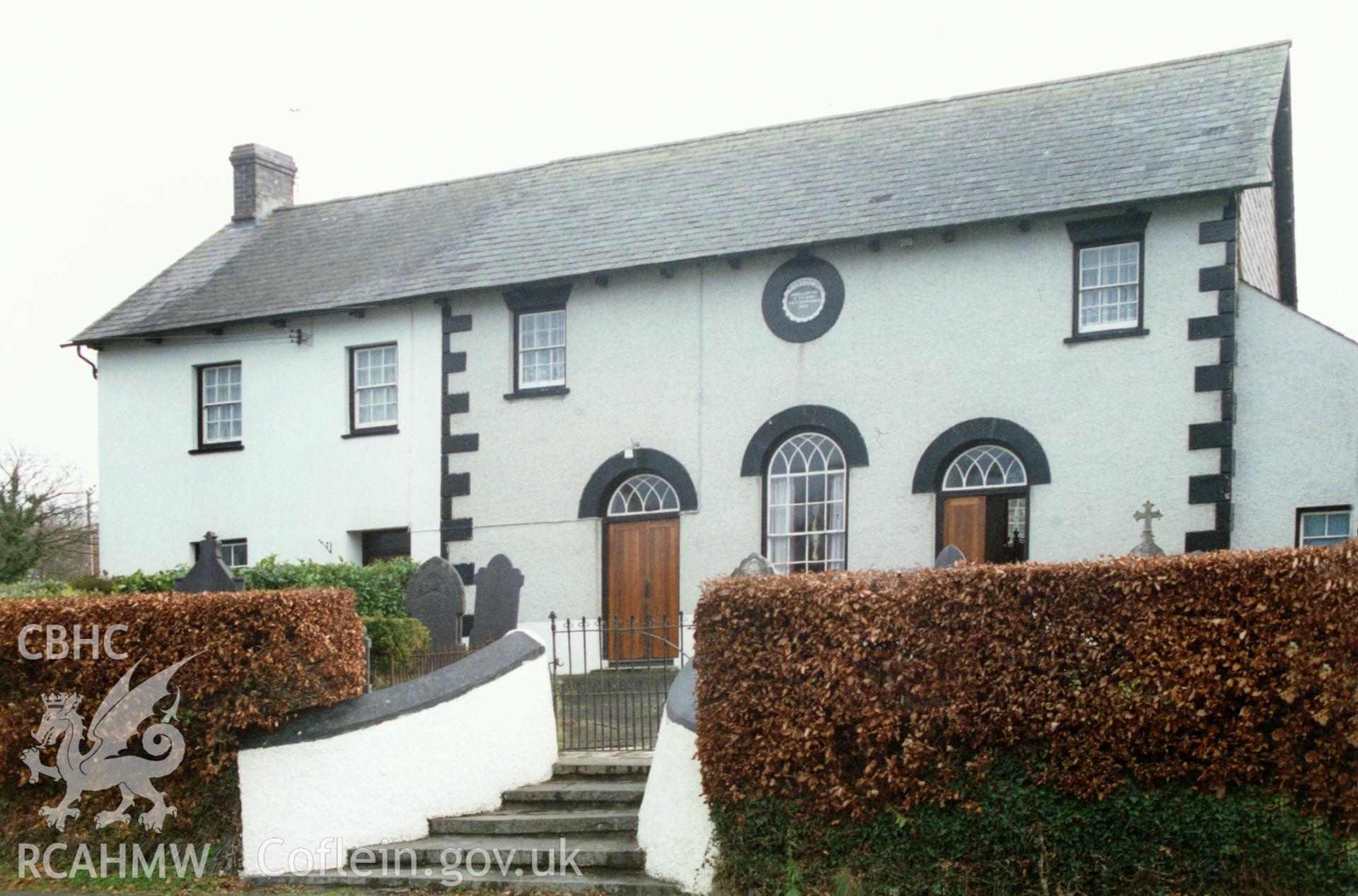 Digital copy of a colour photograph showing an exterior view of Rhydygwin Welsh Unitarian Chapel, Temple Bar, taken by Robert Scourfield, c.1996.