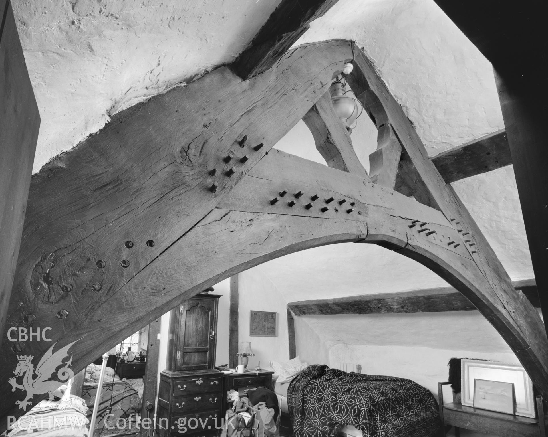 Interior, first floor, ornate roof framing