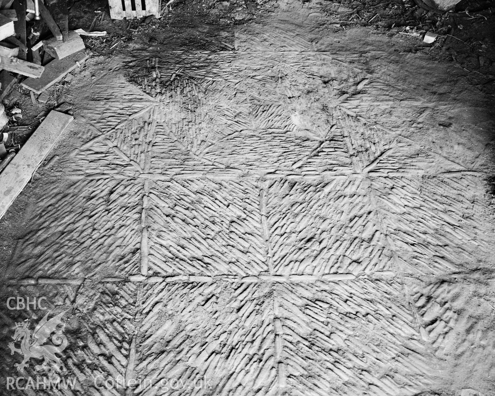 Digitized copy of a negative showing stone patterned floor at Pwllglas, Trefeglwys taken by RCAHMW 1966.