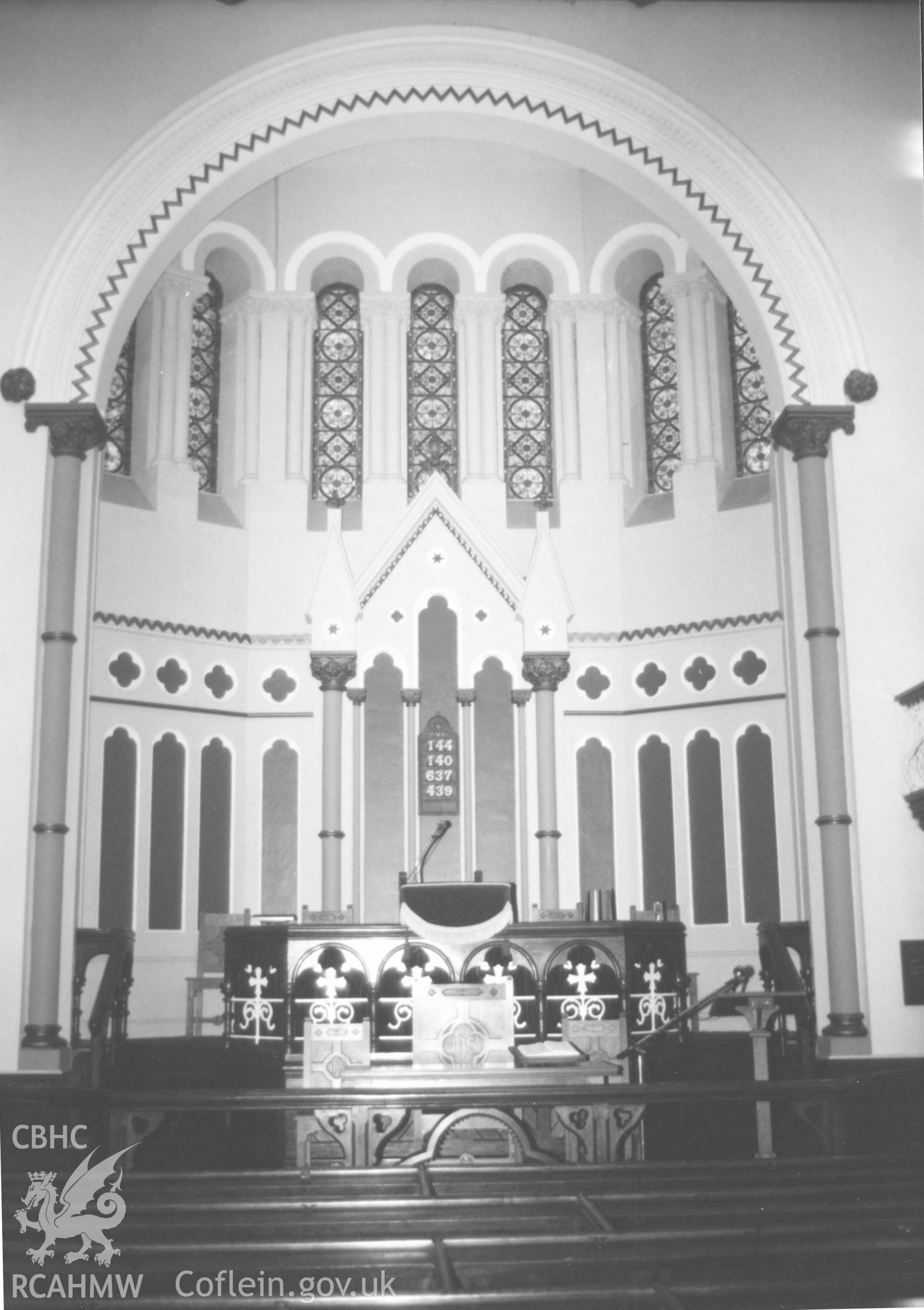 Digital copy of a black and white photograph showing an interior view of Bethesda English Baptist Chapel, Haverfordwest taken by Robert Scourfield, 1996.