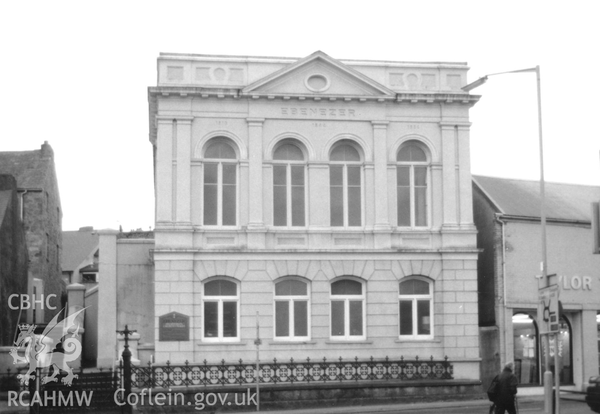 Digital copy of a black and white photograph showing an interior view of the Ebenezer Calvinistic Methodist Chapel, Haverfordwest, taken by Robert Scourfield, c.1996.