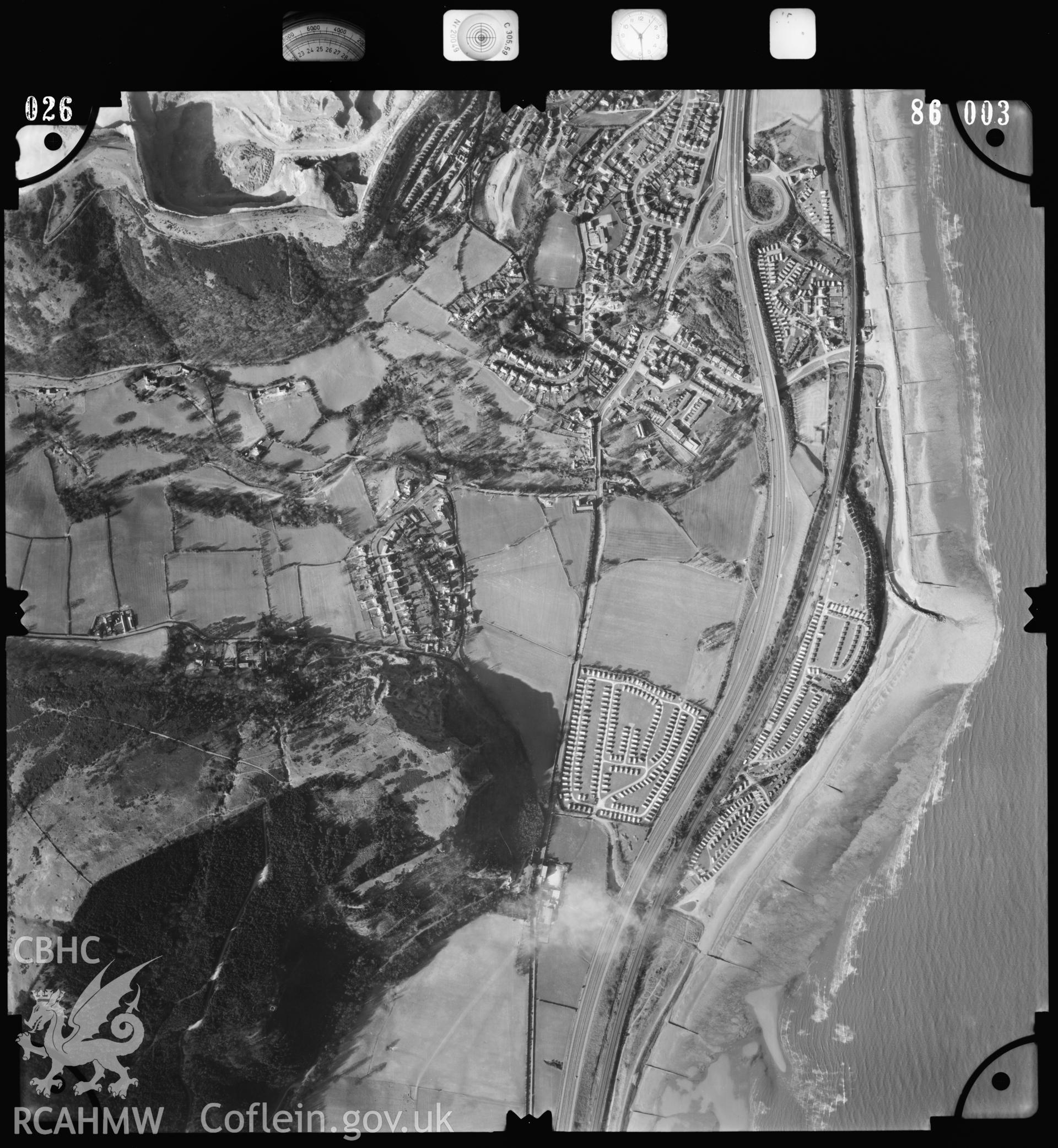 Digitized copy of an aerial photograph showing Dulas Railway Viaduct and surrounding area, taken by Ordnance Survey, 1986.
